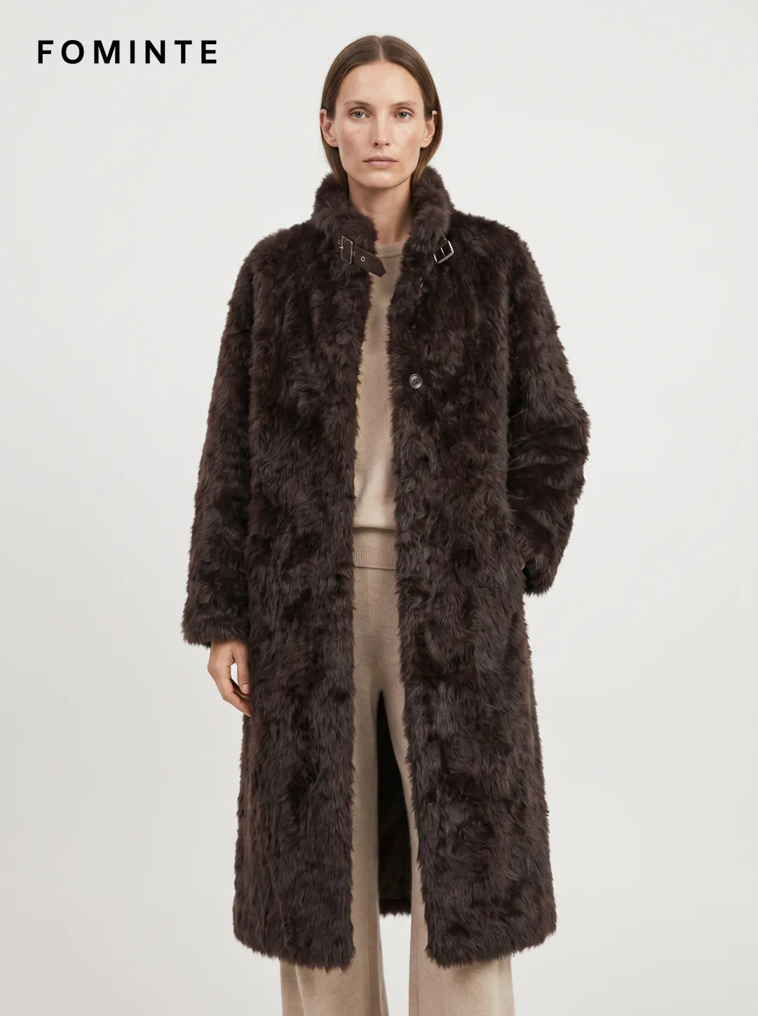 Black Buckle-Collar Faux Fur Coat Wholesale
