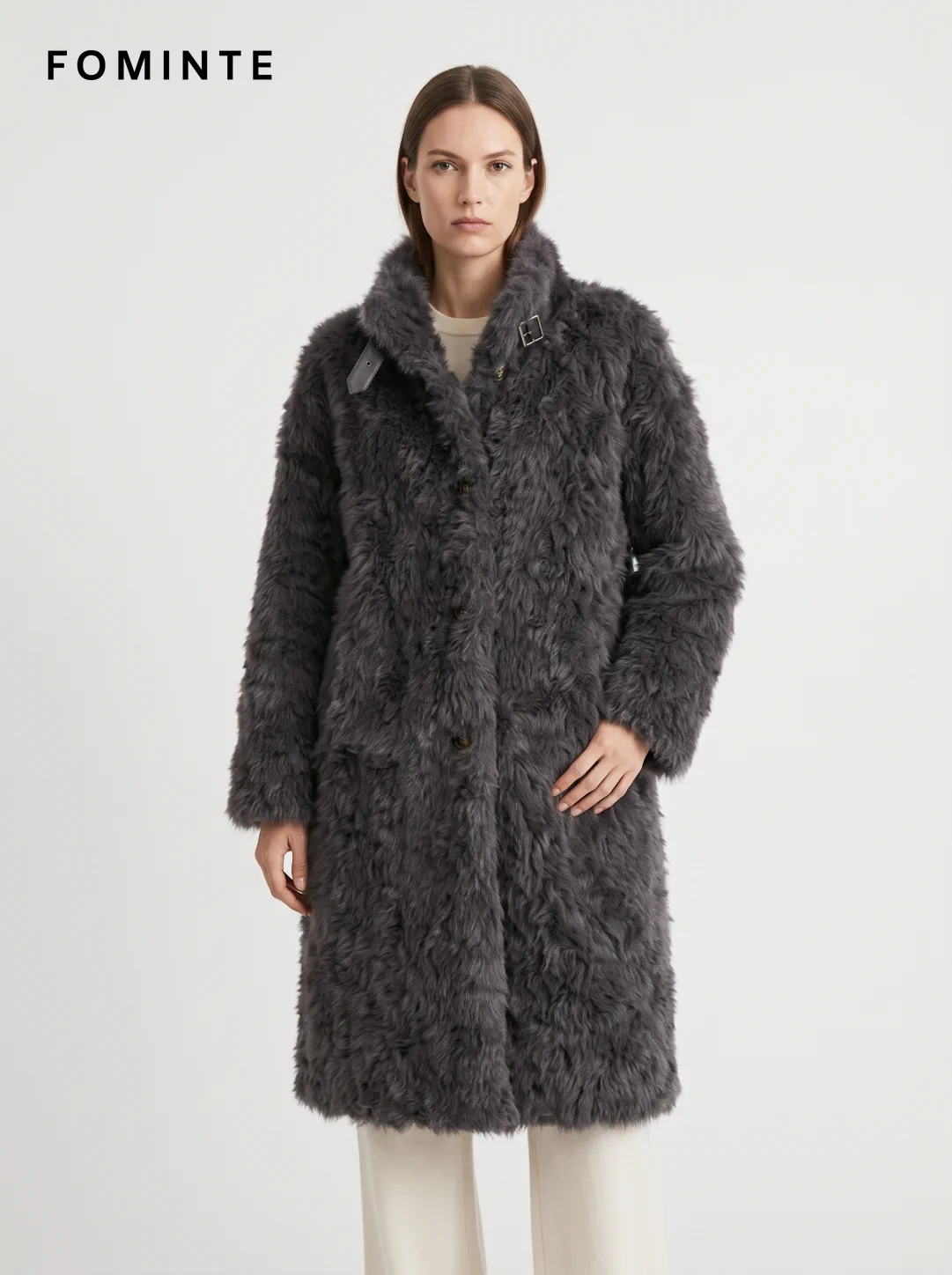 Grey Buckle-Collar Faux Fur Coat Wholesale