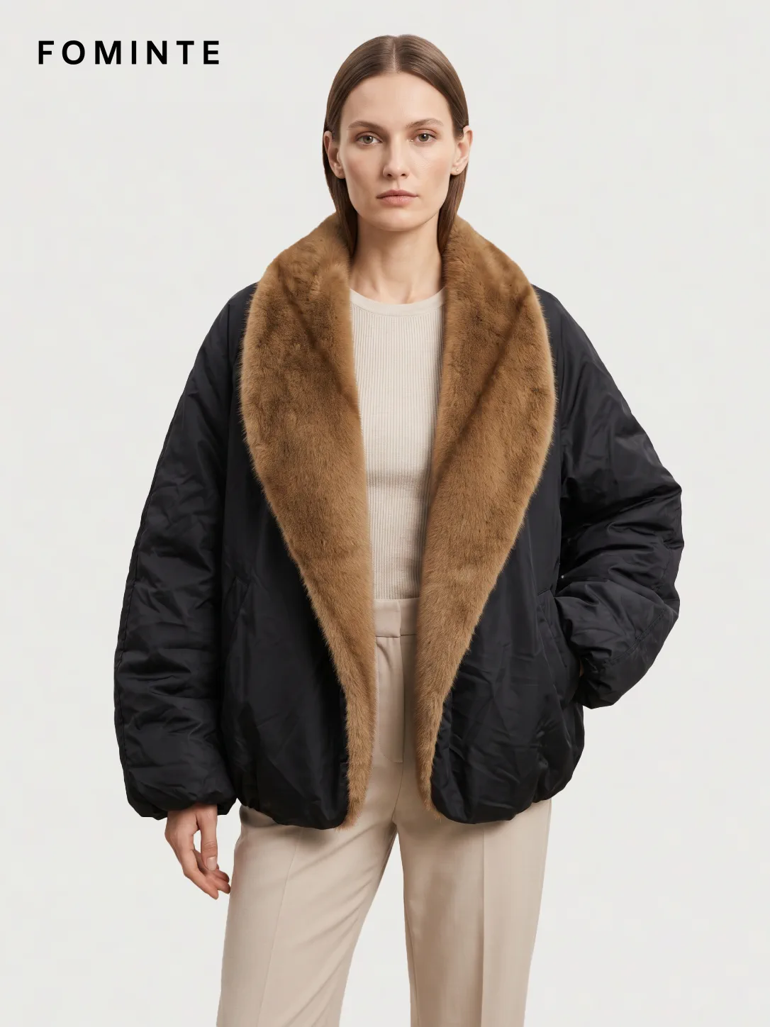 Black Quilted Jacket with Faux Fur Collar Wholesale