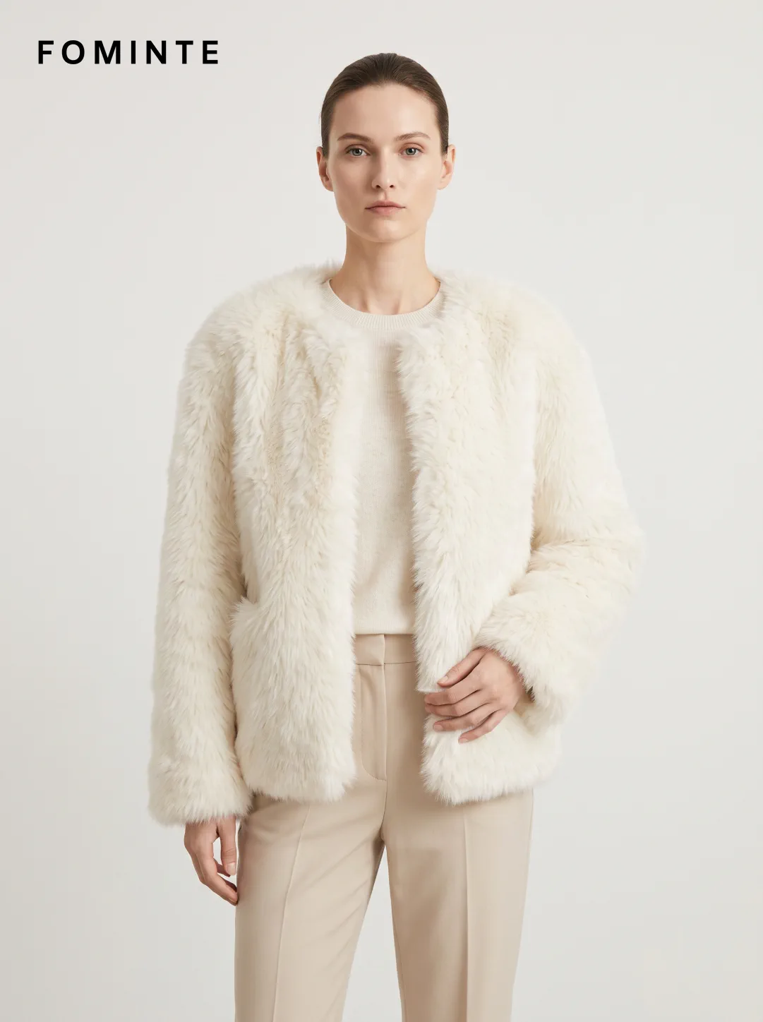 White Collarless Faux Fur Jacket Wholesale