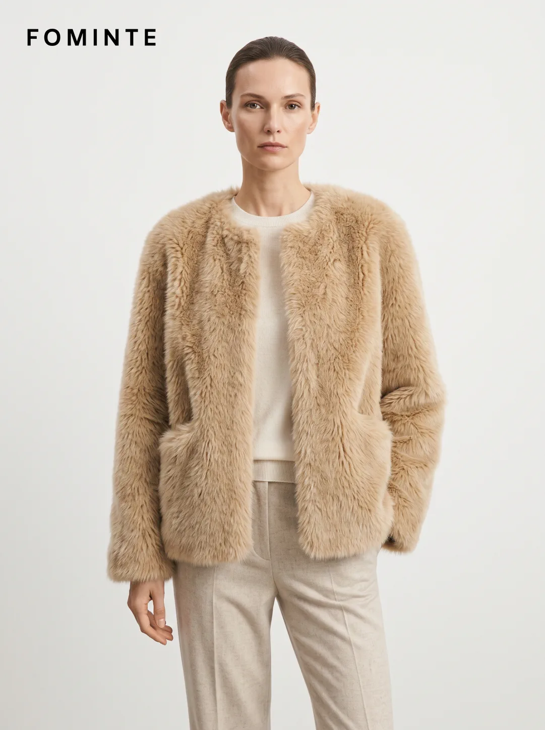 Yellow Collarless Faux Fur Jacket Wholesale