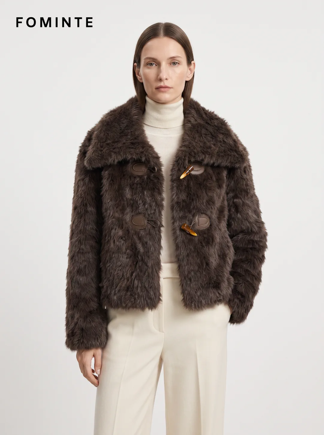 Brown Toggle-Front Faux Fur Jacket Wholesale