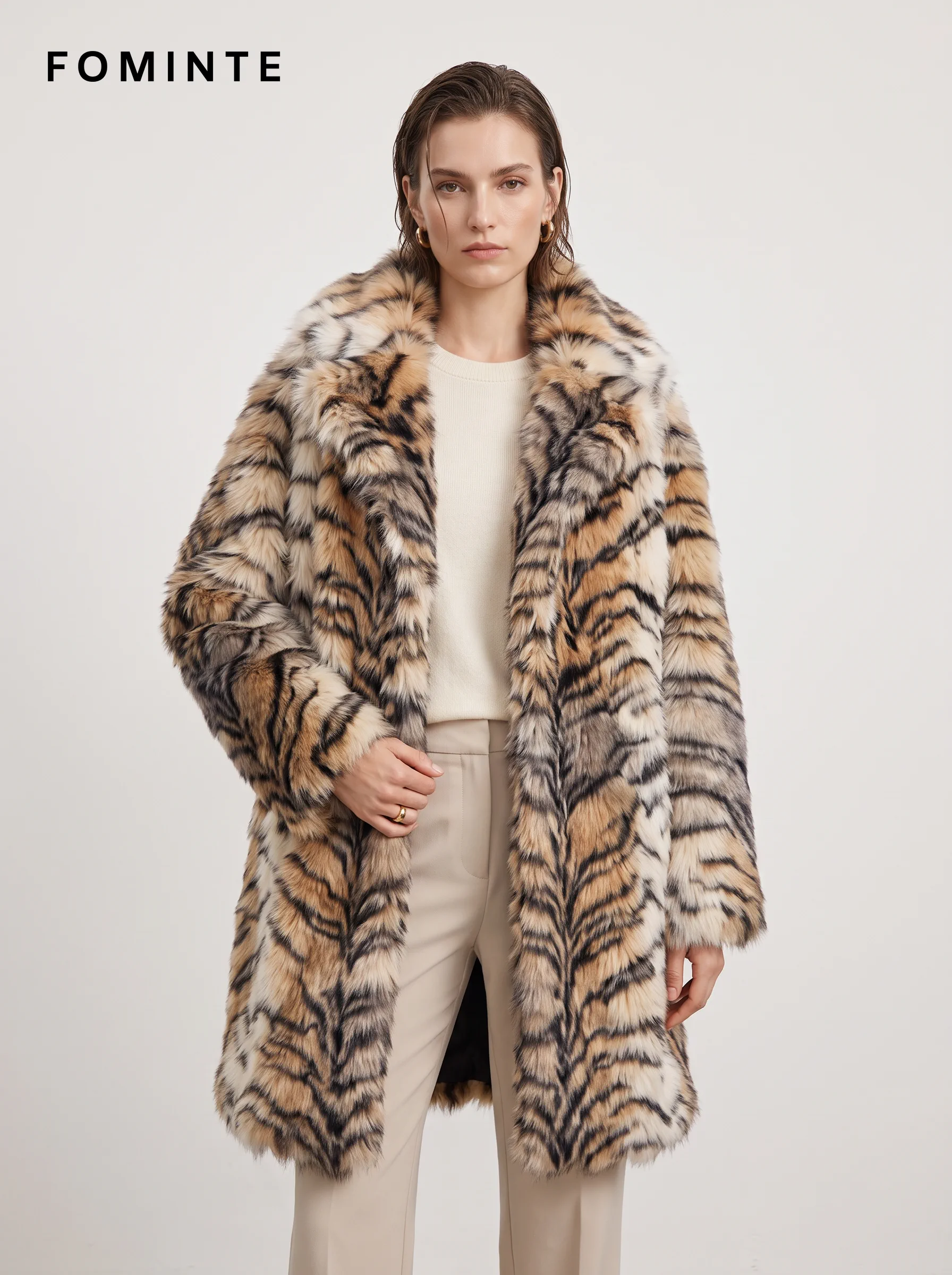 Warm Ivory Tiger-Inspired Faux Fur Coat Wholesale