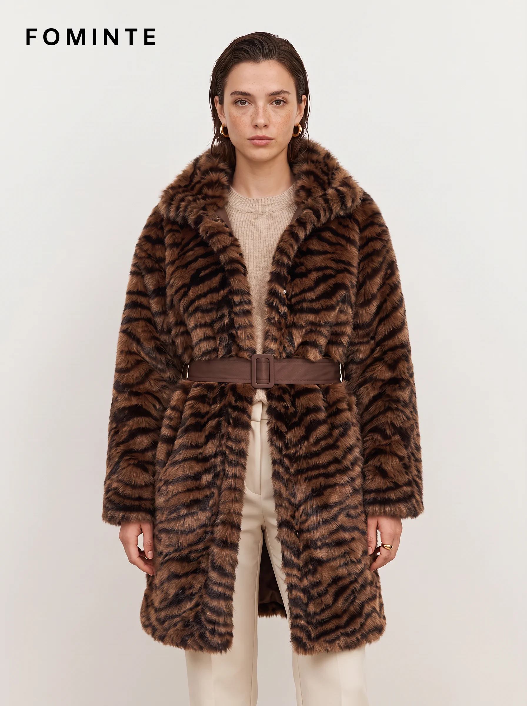 Deep Brown Belted Tiger-Inspired Faux Fur Coat Wholesale