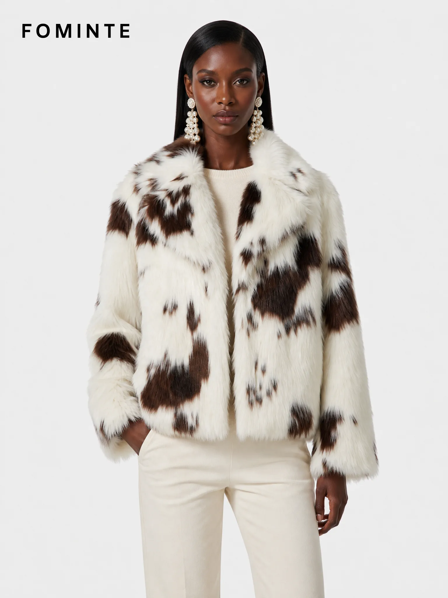 Ivory and Brown Patch Faux Fur Jacket