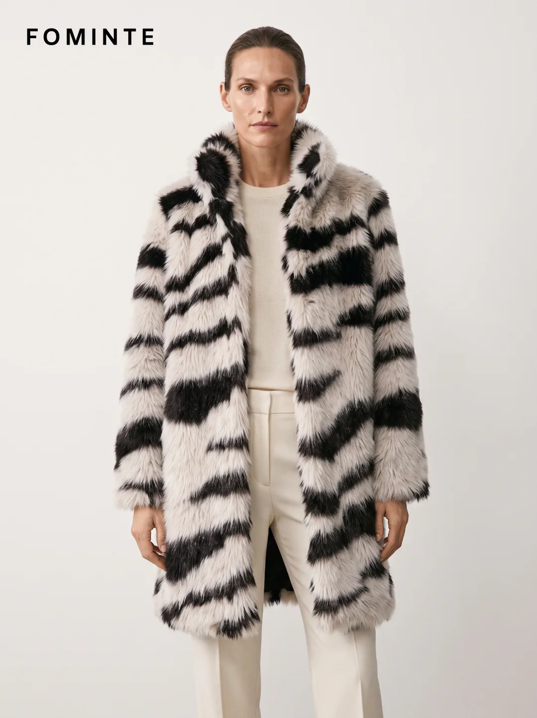 Ivory Diagonal-Stripe Faux Fur Coat Wholesale