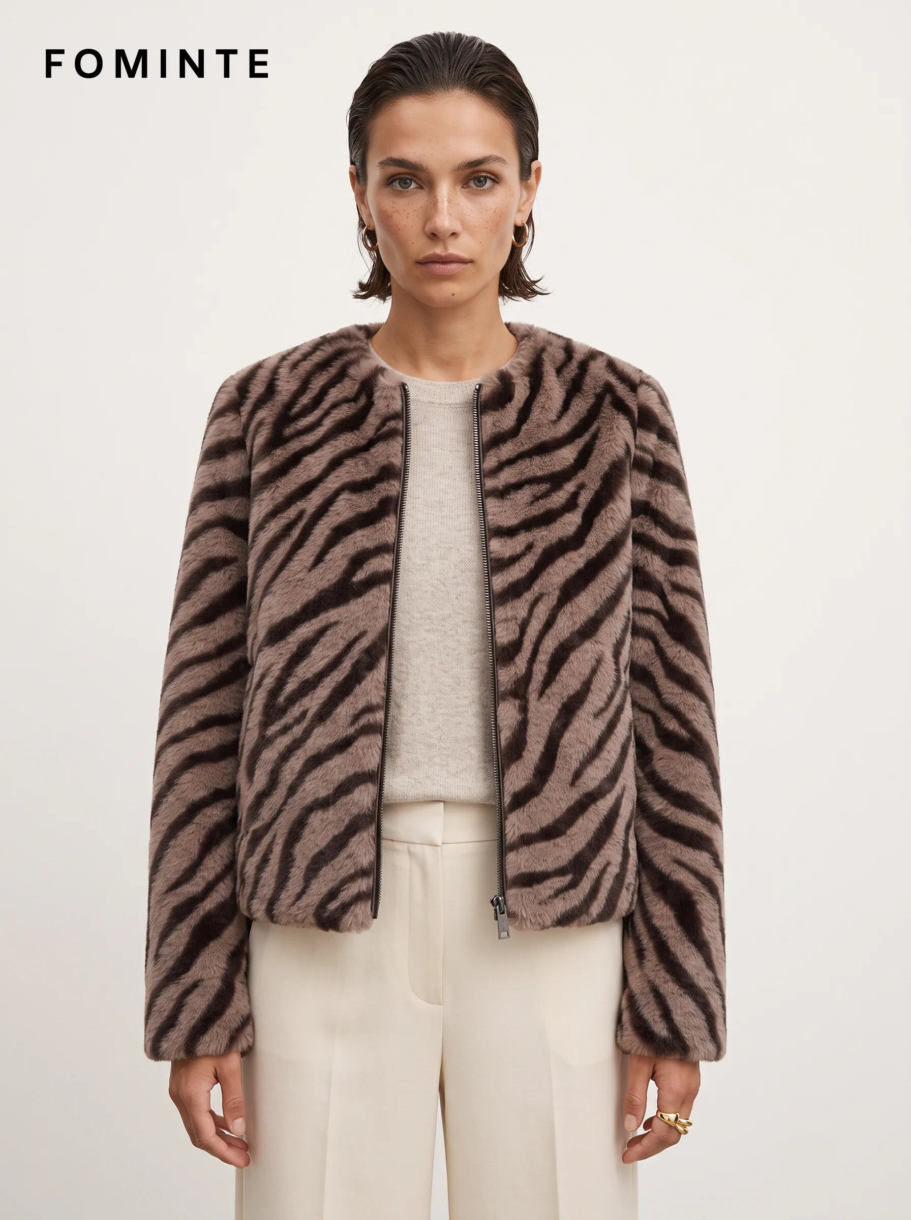 Taupe Zebra-Inspired Zip-Front Faux Fur Jacket Wholesale