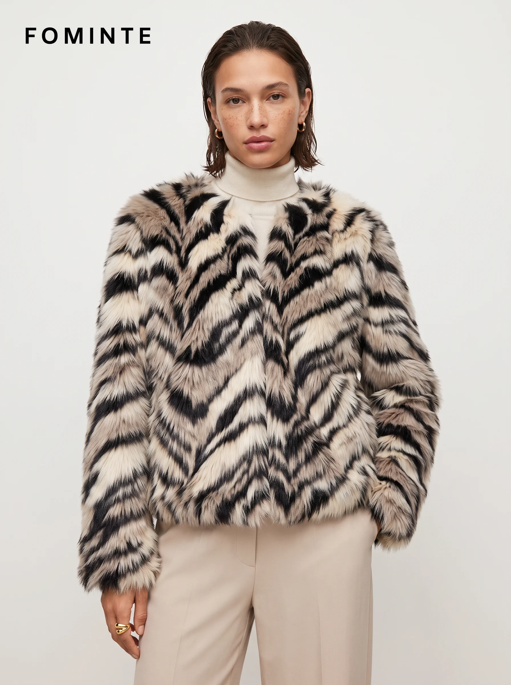 Ivory Diagonal-Stripe Faux Fur Jacket Wholesale