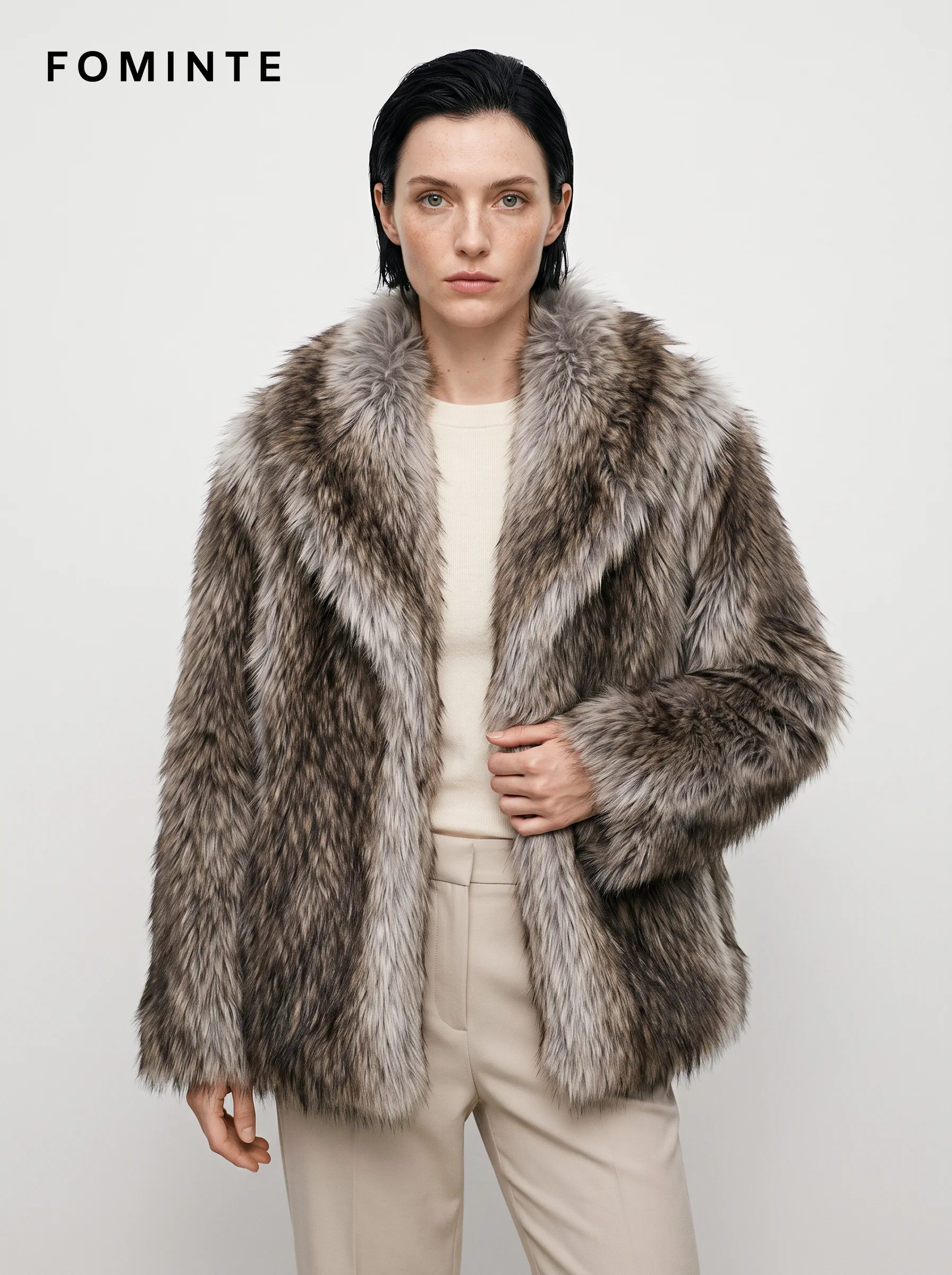 Brown and Grey Tonal-Streak Faux Fur Jacket Wholesale