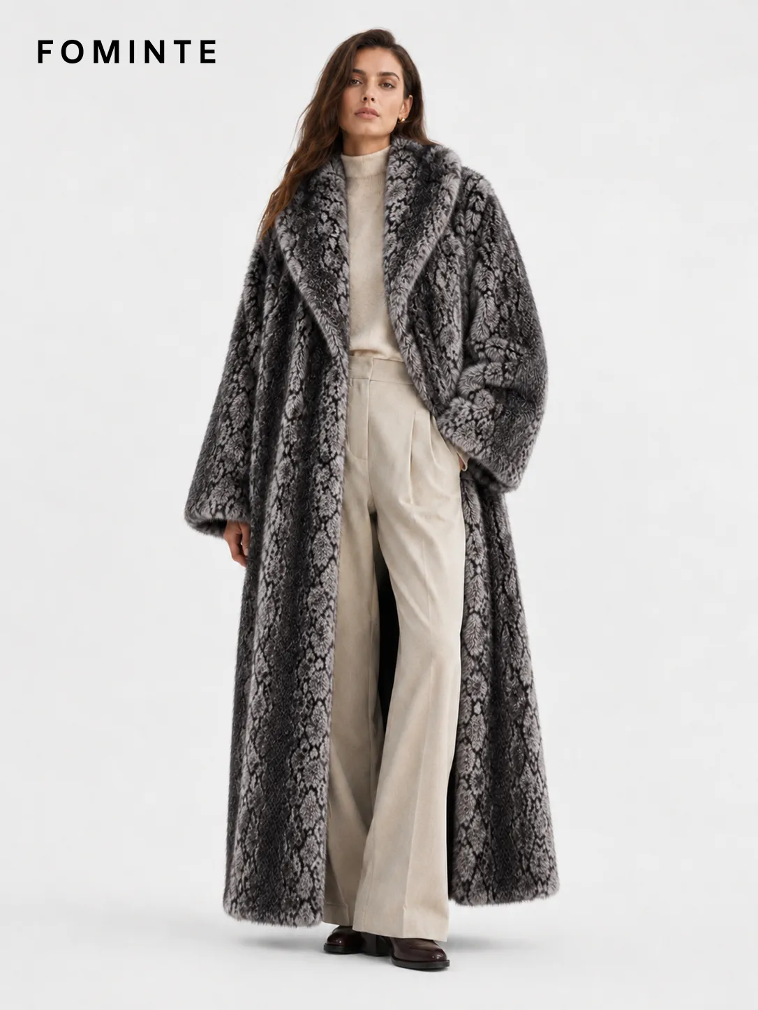 Charcoal Reptile-Inspired Faux Fur Coat Wholesale