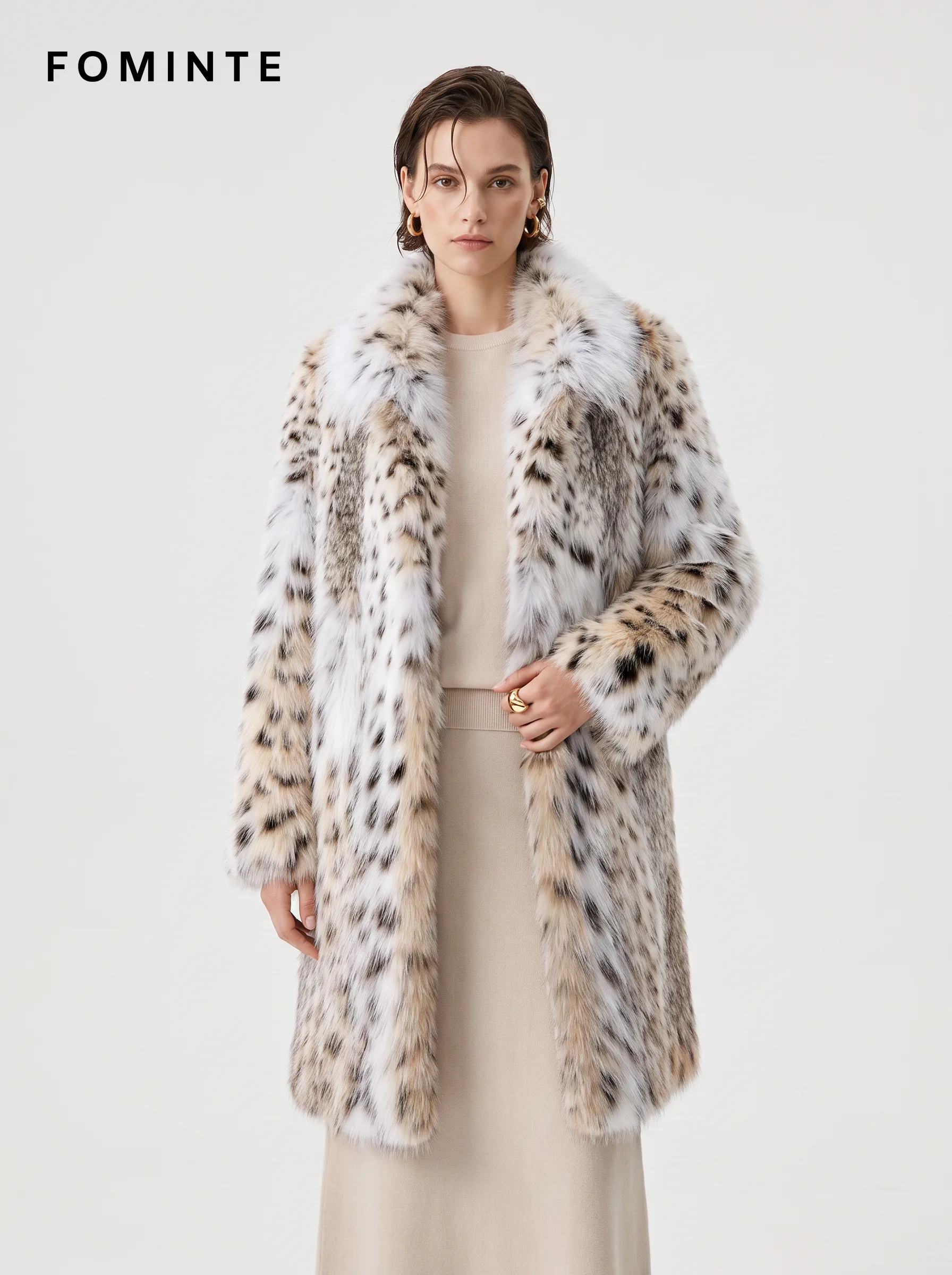 Ivory Mixed-Spot Faux Fur Coat Wholesale