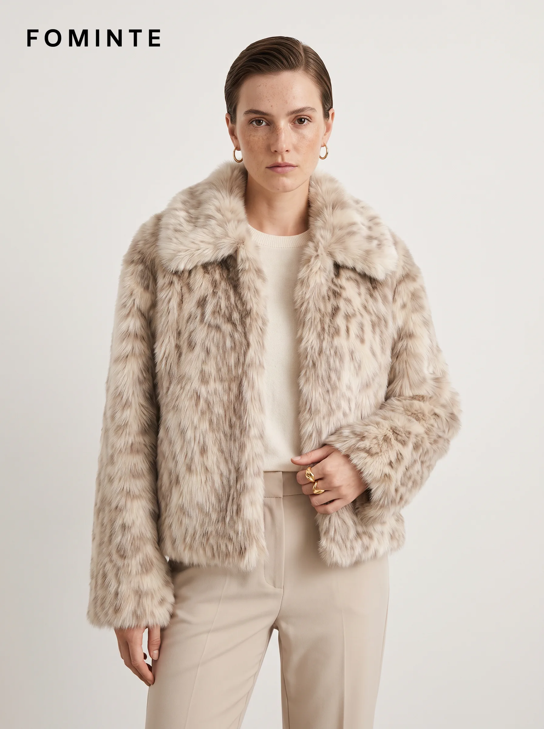 Beige Tonal-Streak Faux Fur Jacket Wholesale