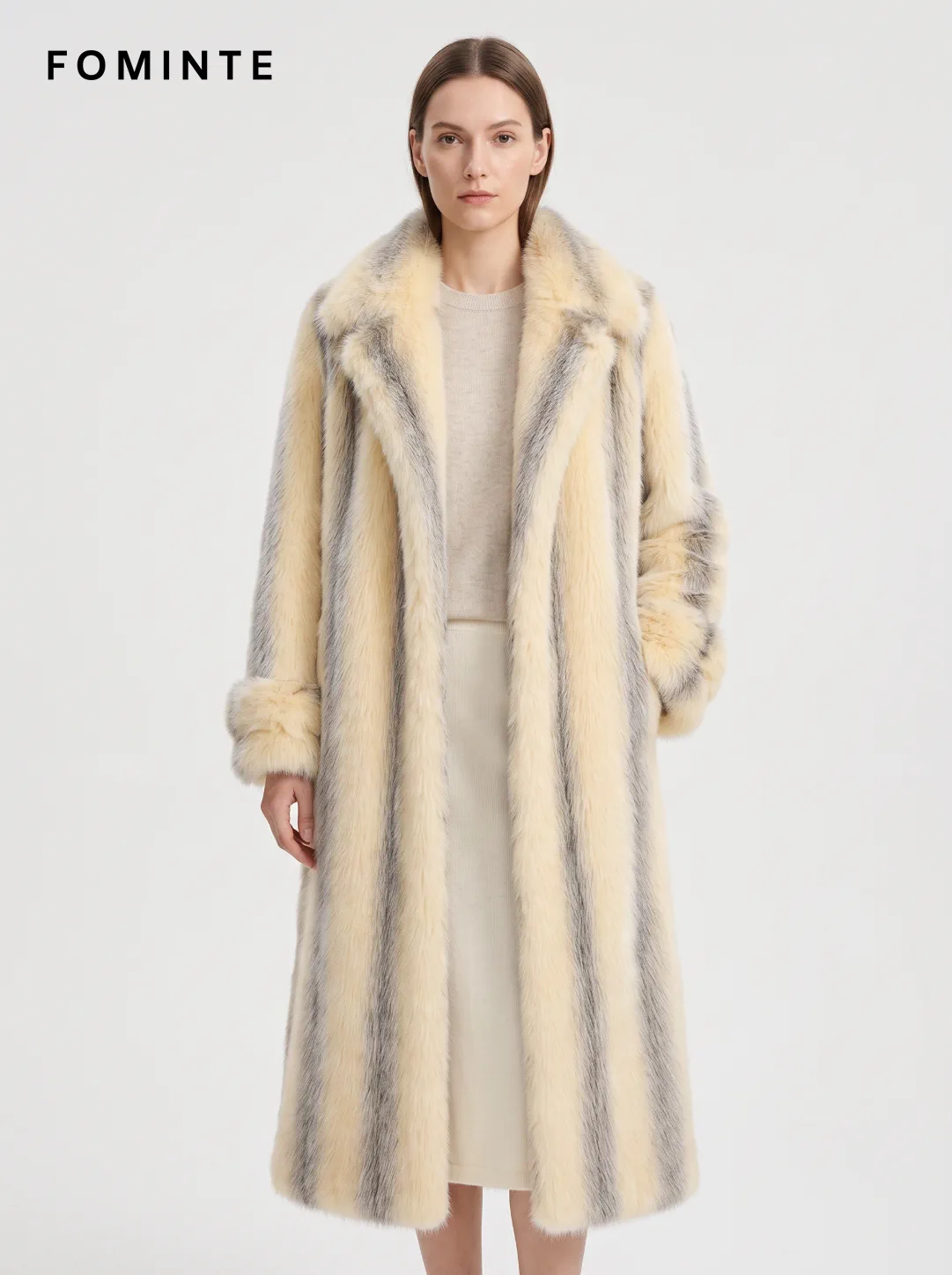 Cream and Dove Grey Striped Faux Fur Coat Wholesale