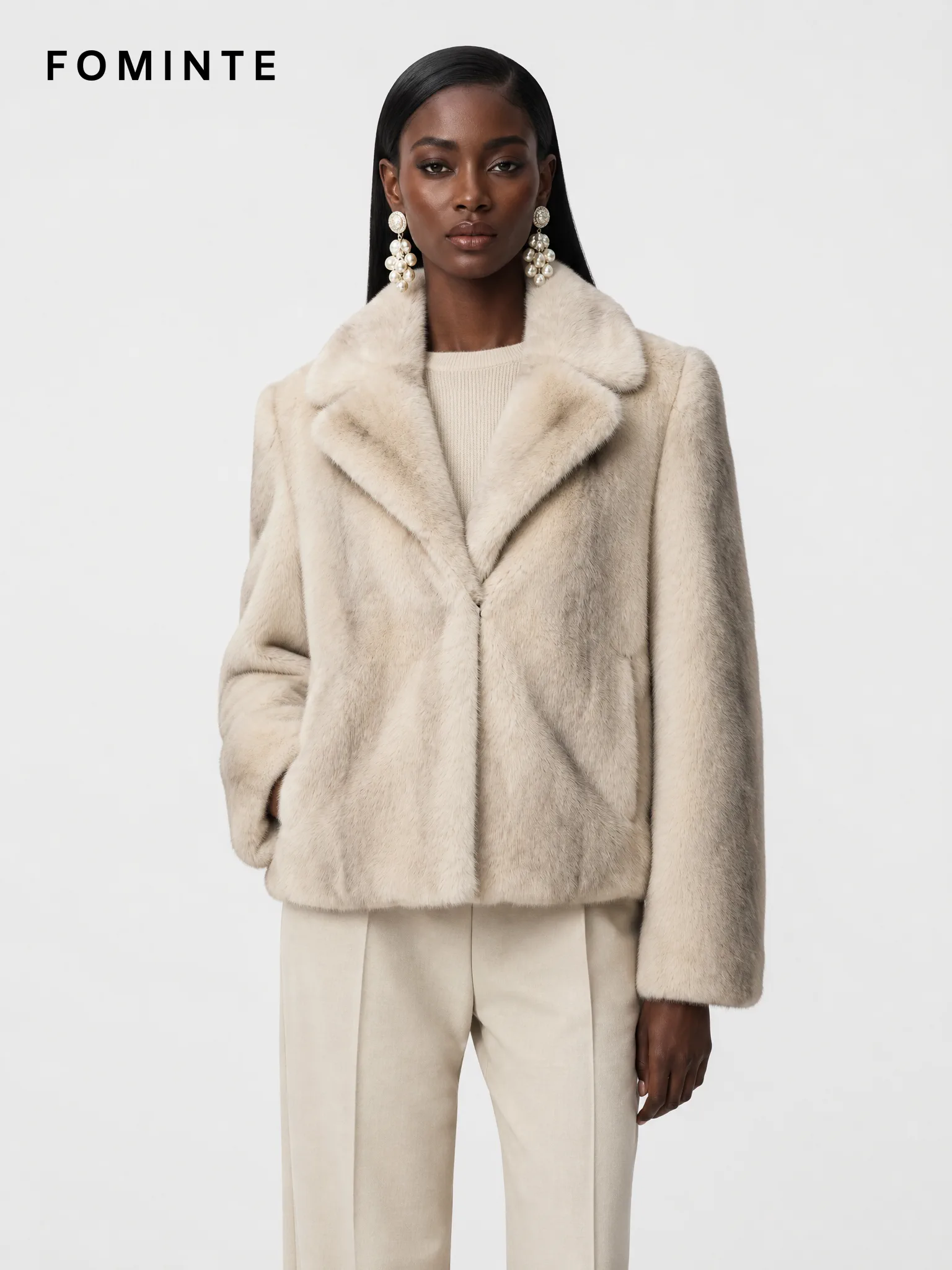Ivory Notched-Lapel Faux Fur Jacket Wholesale