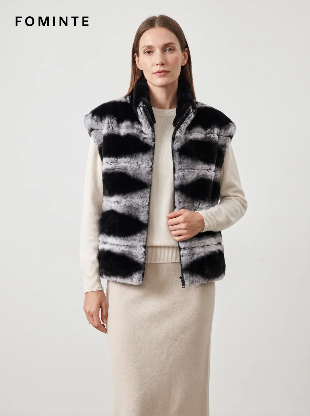Black and Grey Banded Faux Fur Zip Vest Wholesale