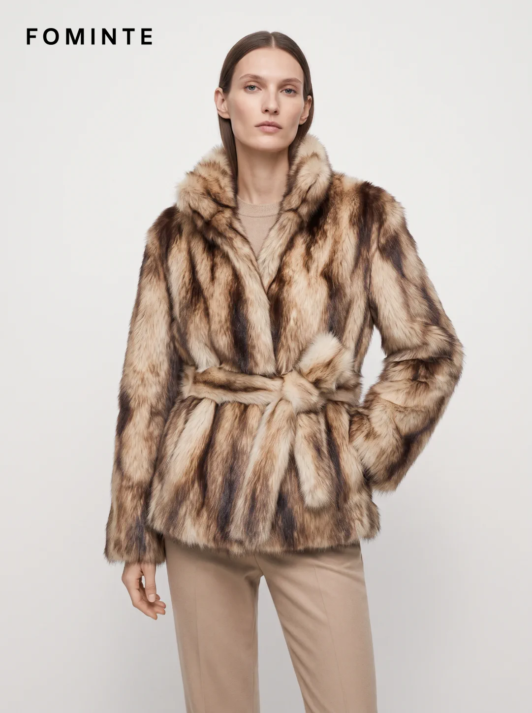 Caramel Belted Faux Fur Jacket Wholesale