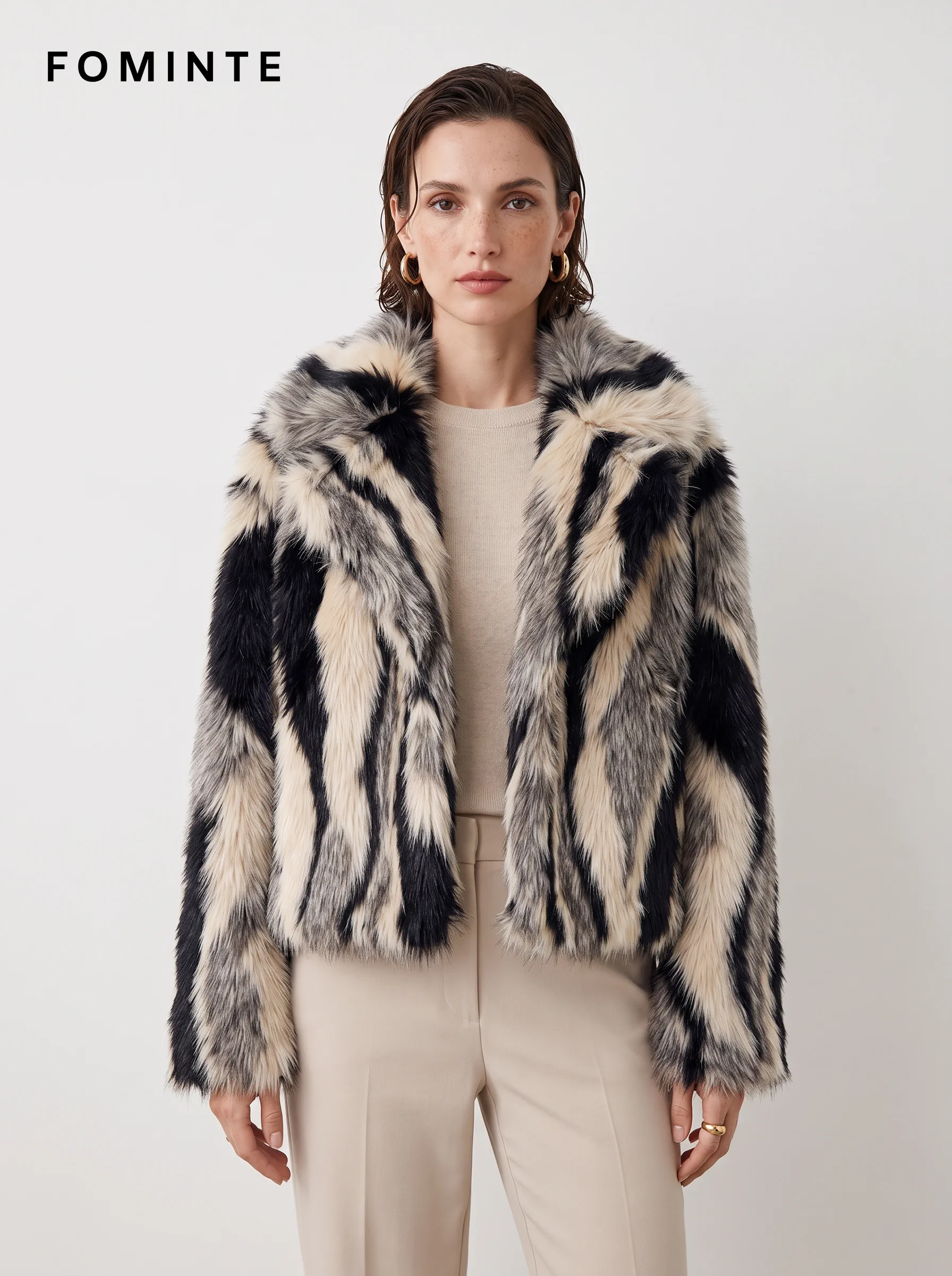 Black and Grey Banded Faux Fur Jacket Wholesale