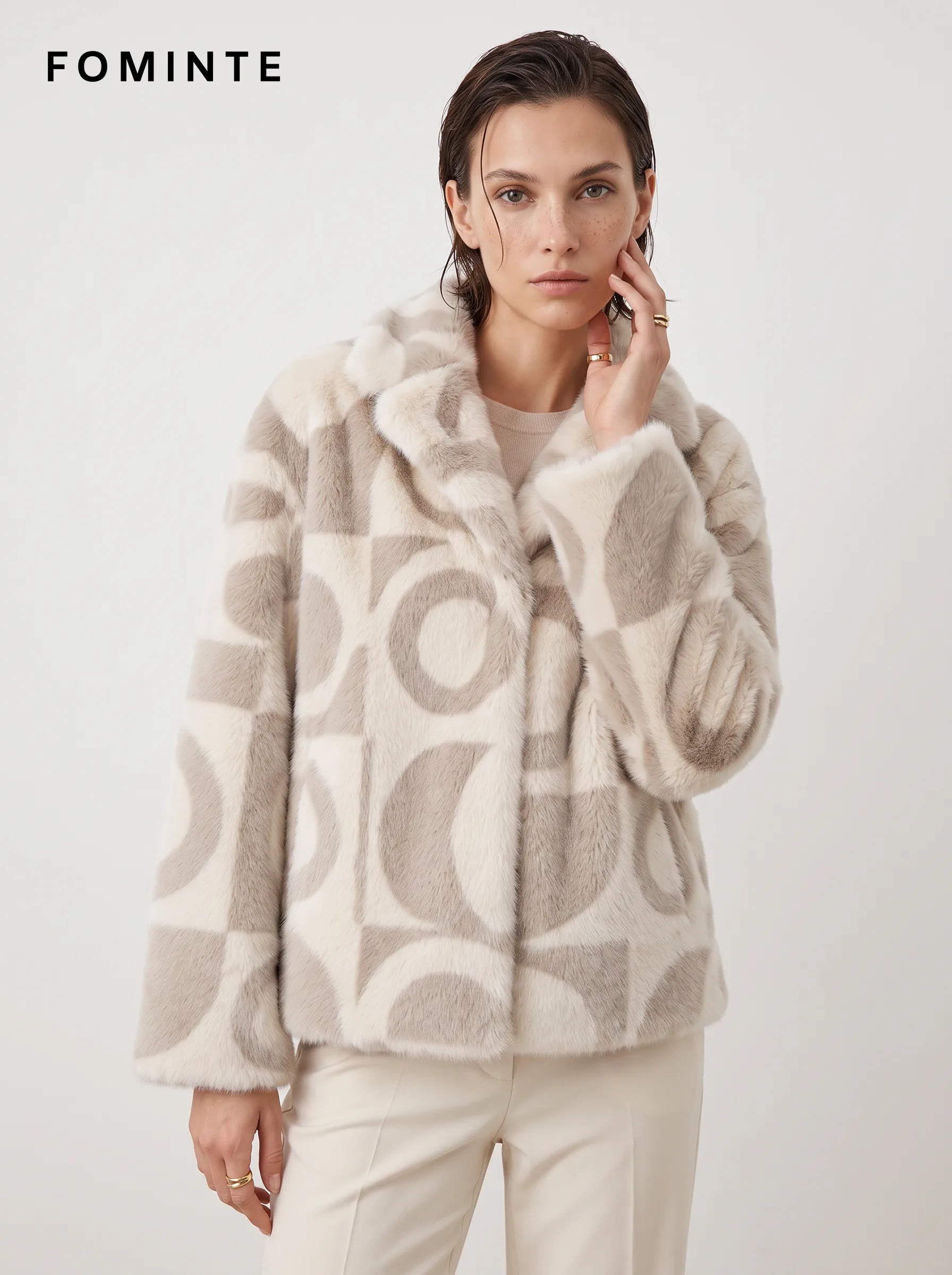 Ivory Geometric Print Faux Fur Jacket Wholesale