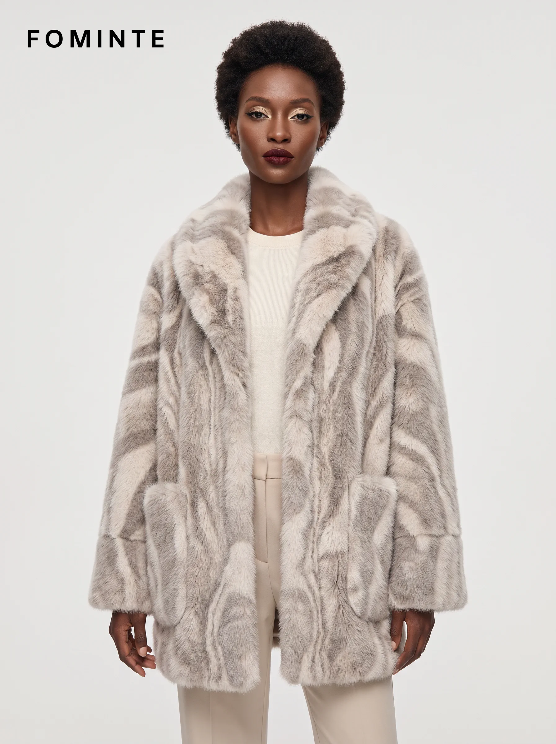 Pearl Grey Wave-Stripe Faux Fur Coat Wholesale