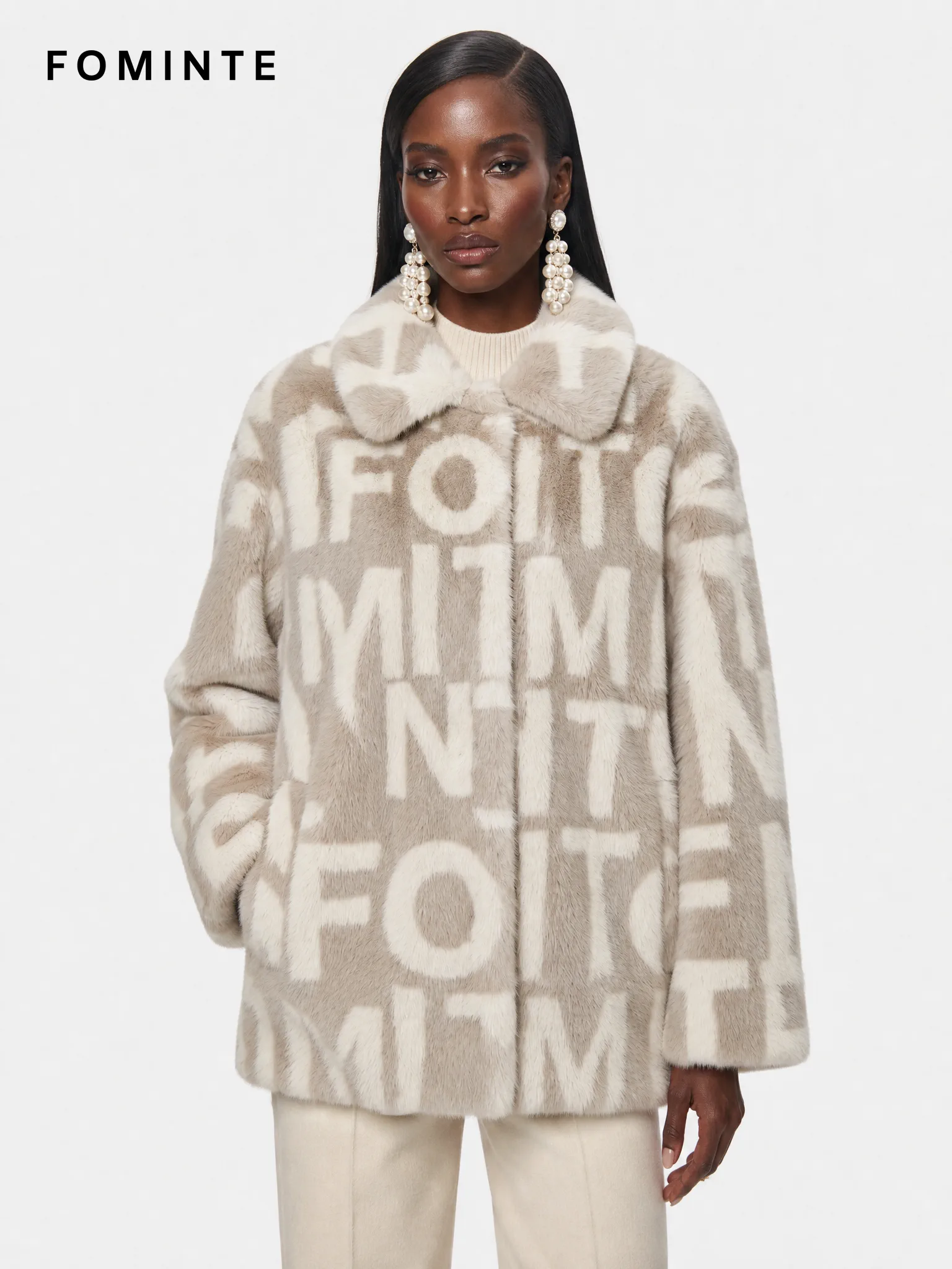 Greige Typographic Geometric Faux Fur Coat Wholesale