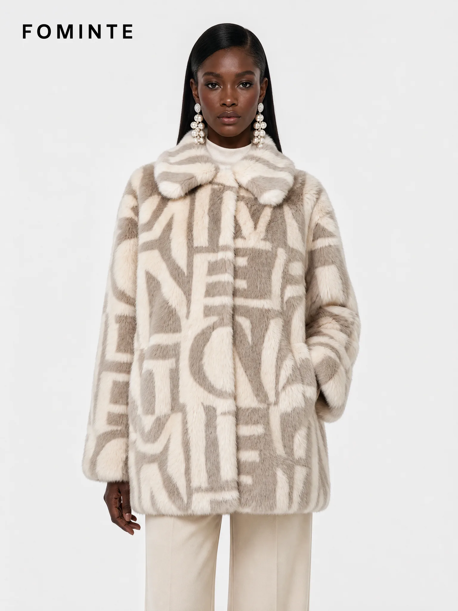 Greige Interlocked Geometric Faux Fur Coat Wholesale