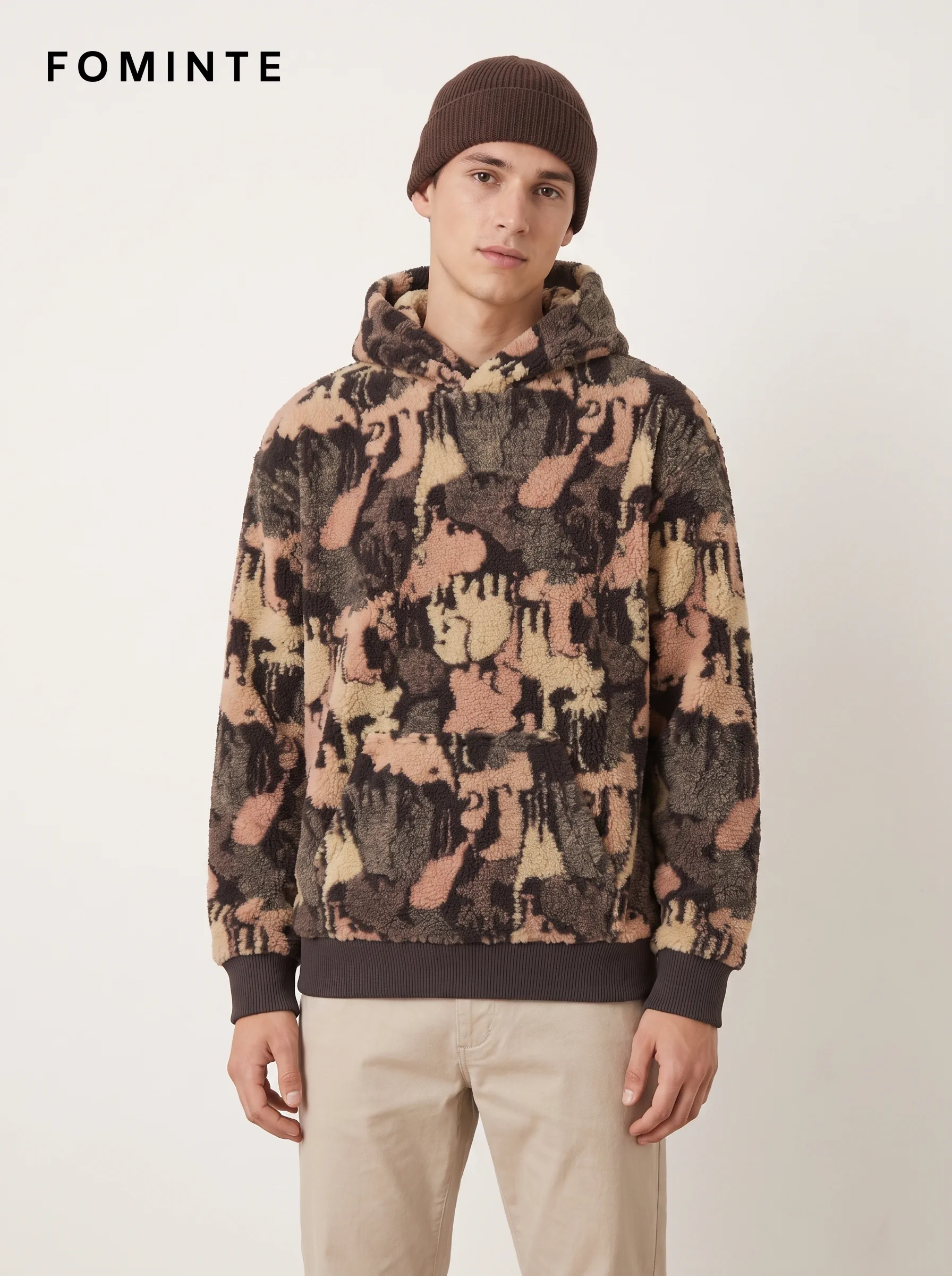 Multi-Color Camo Print Oversized Sherpa Fleece Hoodie