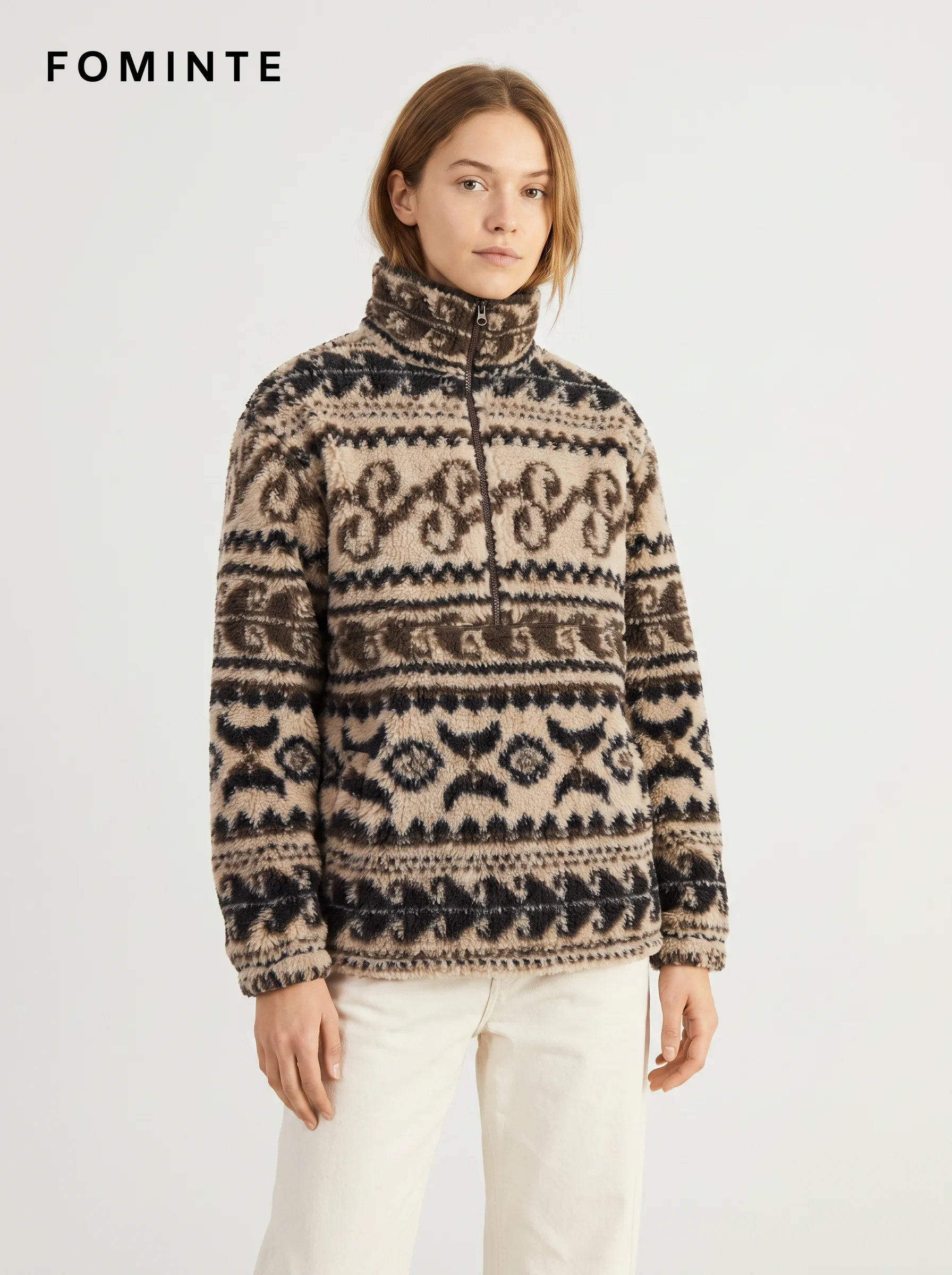 Vintage Paisley Print Half-Zip Sherpa Fleece Jacket