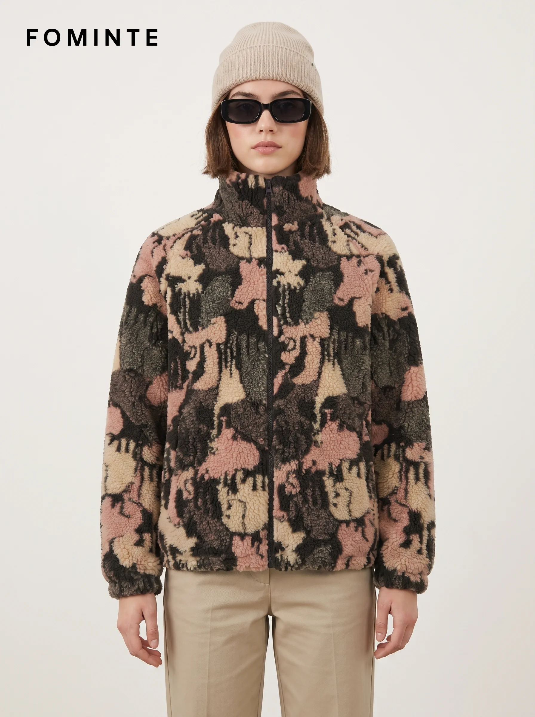 Abstract Camo Print Full-Zip Sherpa Fleece Jacket