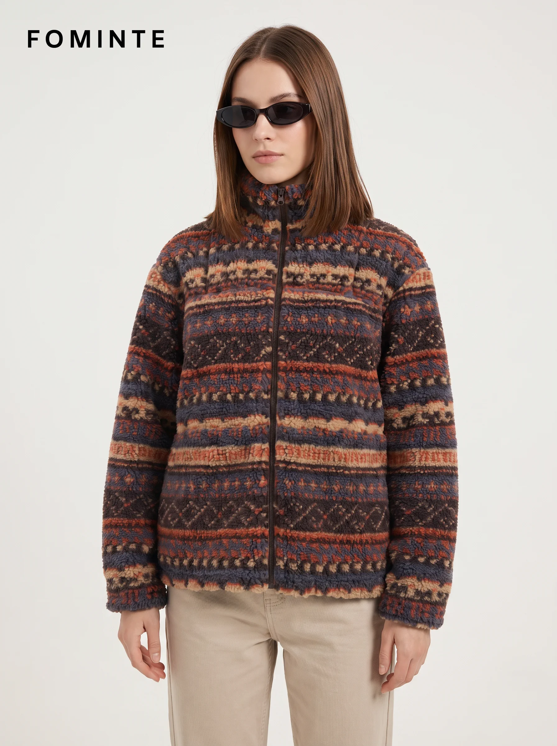 Fair Isle Stripe Full-Zip Sherpa Fleece Jacket