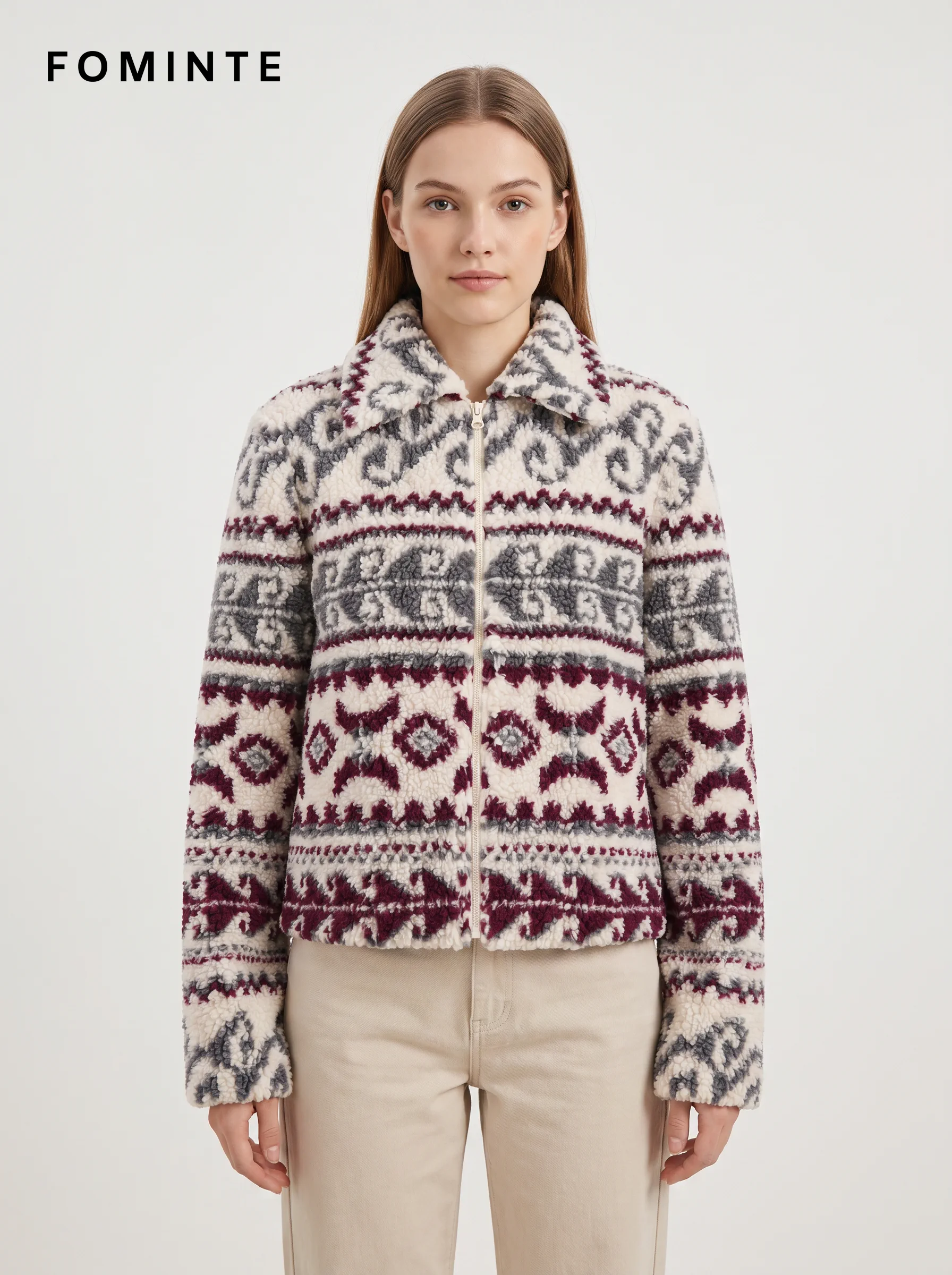 Nordic Aztec Print Cropped Sherpa Fleece Jacket