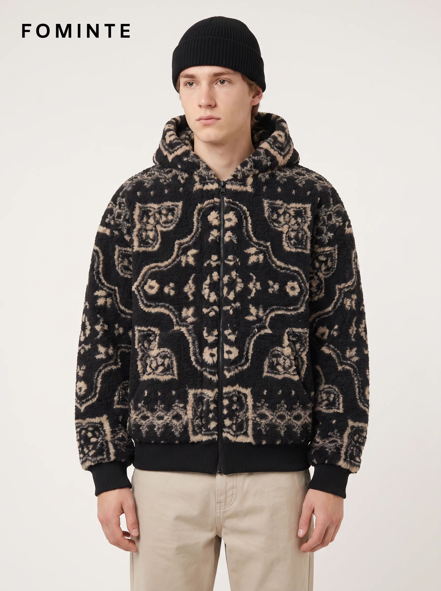 Bandana Print Hooded Sherpa Fleece Jacket