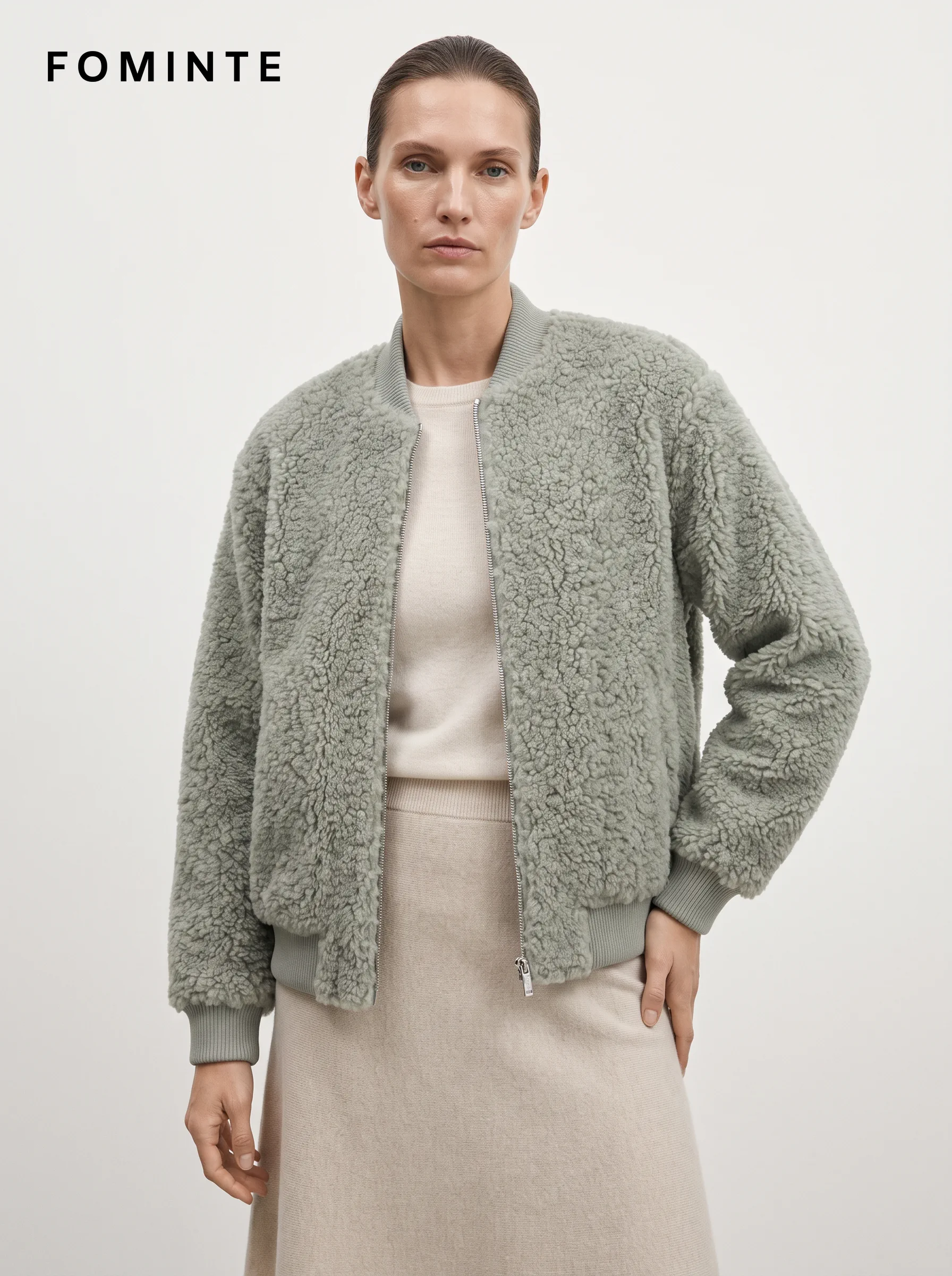WholesaleLight Green Teddy Fleece Bomber Jacket - FM0302000080