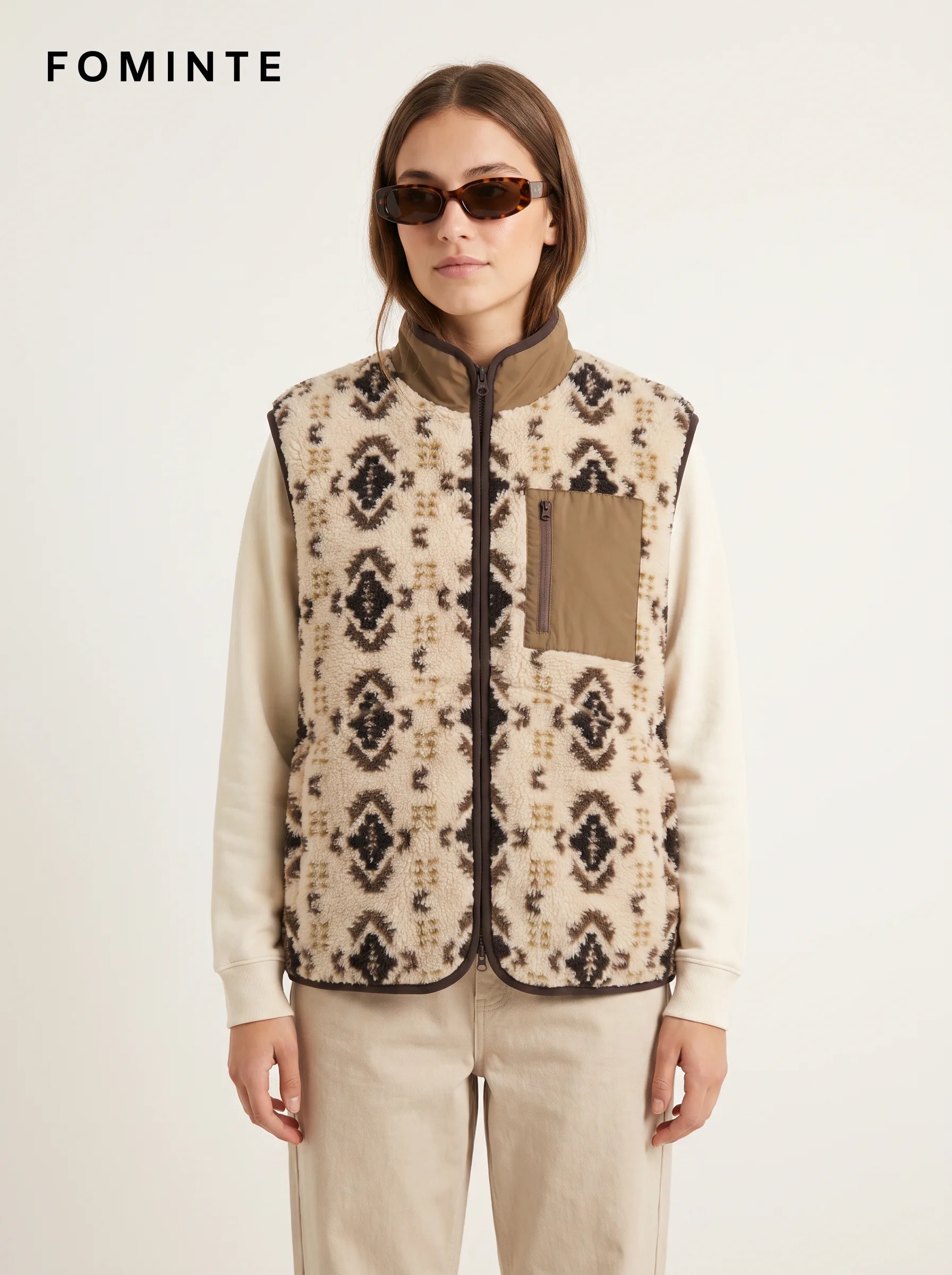 Abstract Camo Print Full-Zip Sherpa Fleece Vest