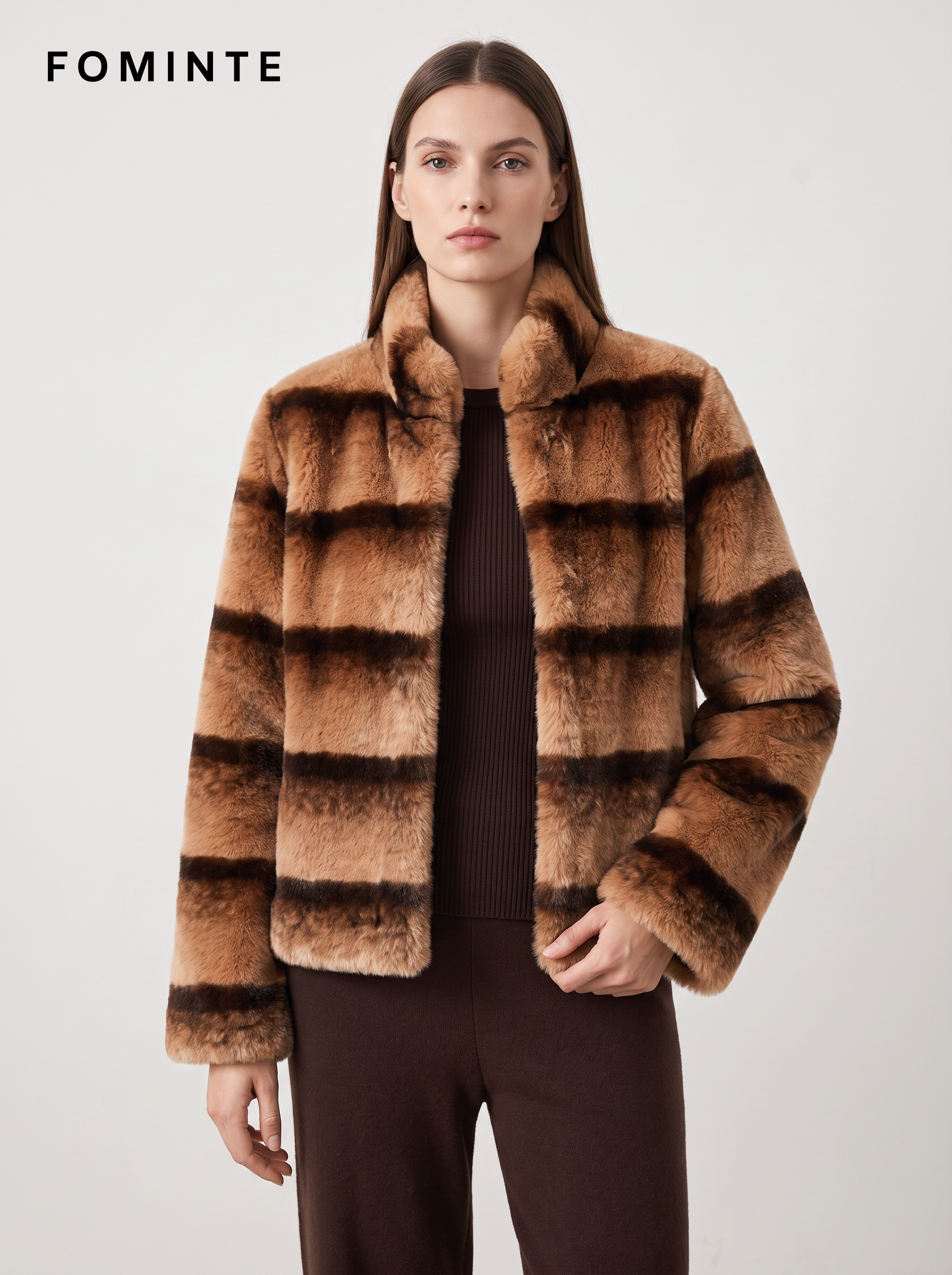 Greige Typographic Geometric Faux Fur Coat Wholesale