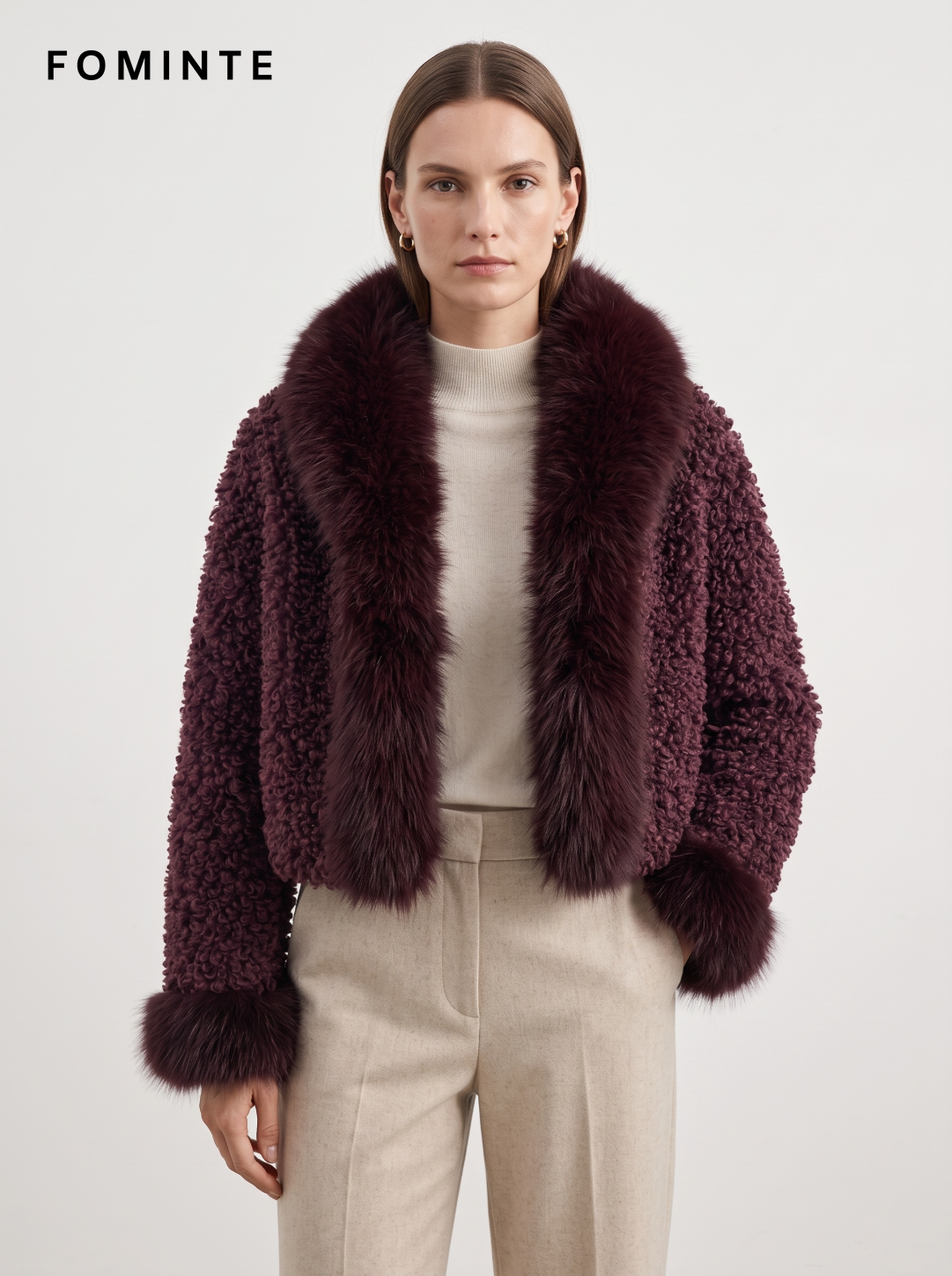 Wholesale Cropped Teddy Fleece Jacket with Faux Fox Fur - FM0202000065