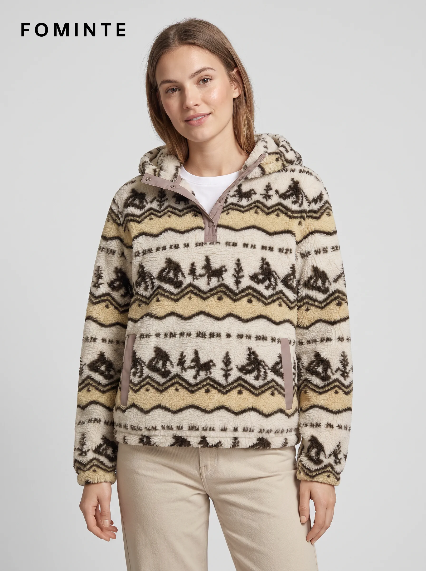 Ivory Geometric Print Hooded Fleece Jacket