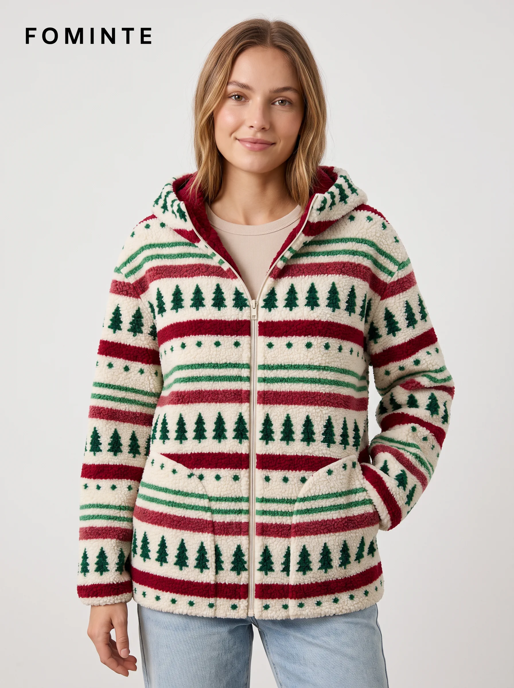 Evergreen Tree Print Hooded Fleece Jacket