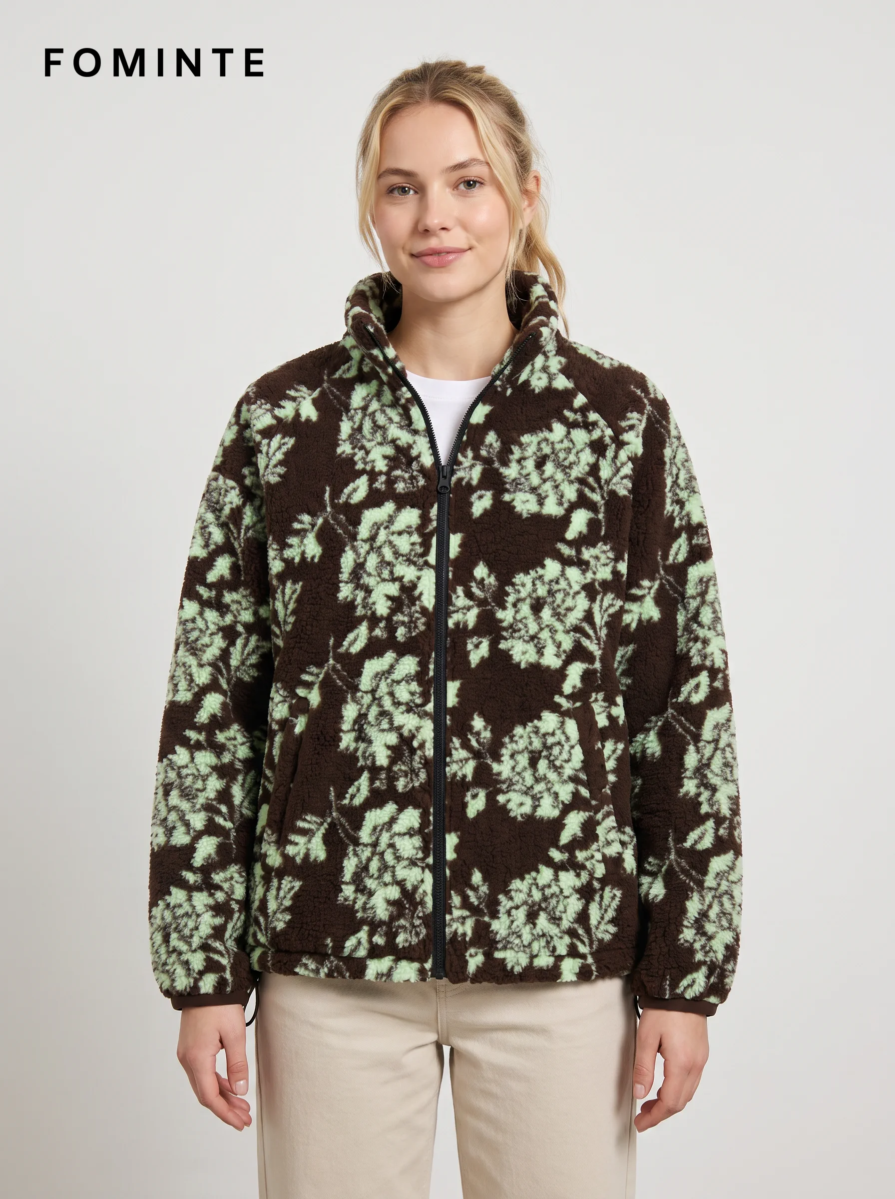 Dark Green Botanical Print Hooded Fleece Jacket