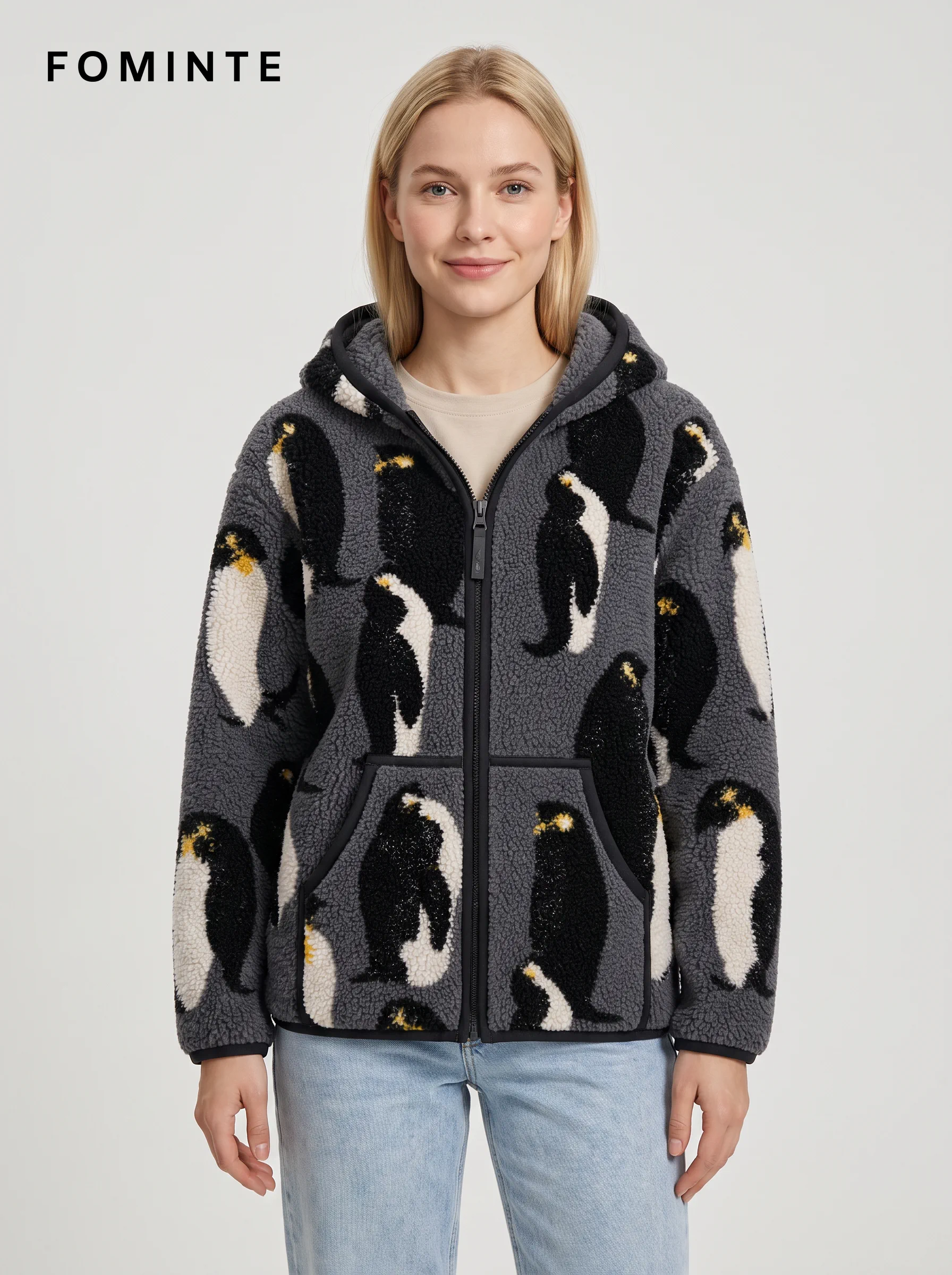 Charcoal Abstract Print Hooded Fleece Jacket