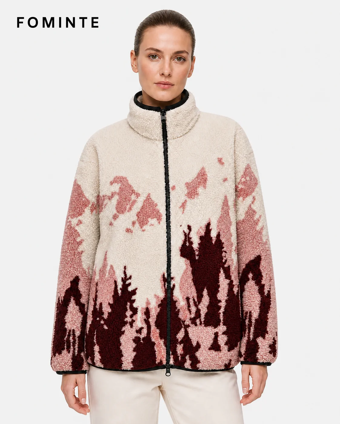 Ivory Burgundy Mountain Print Fleece Jacket