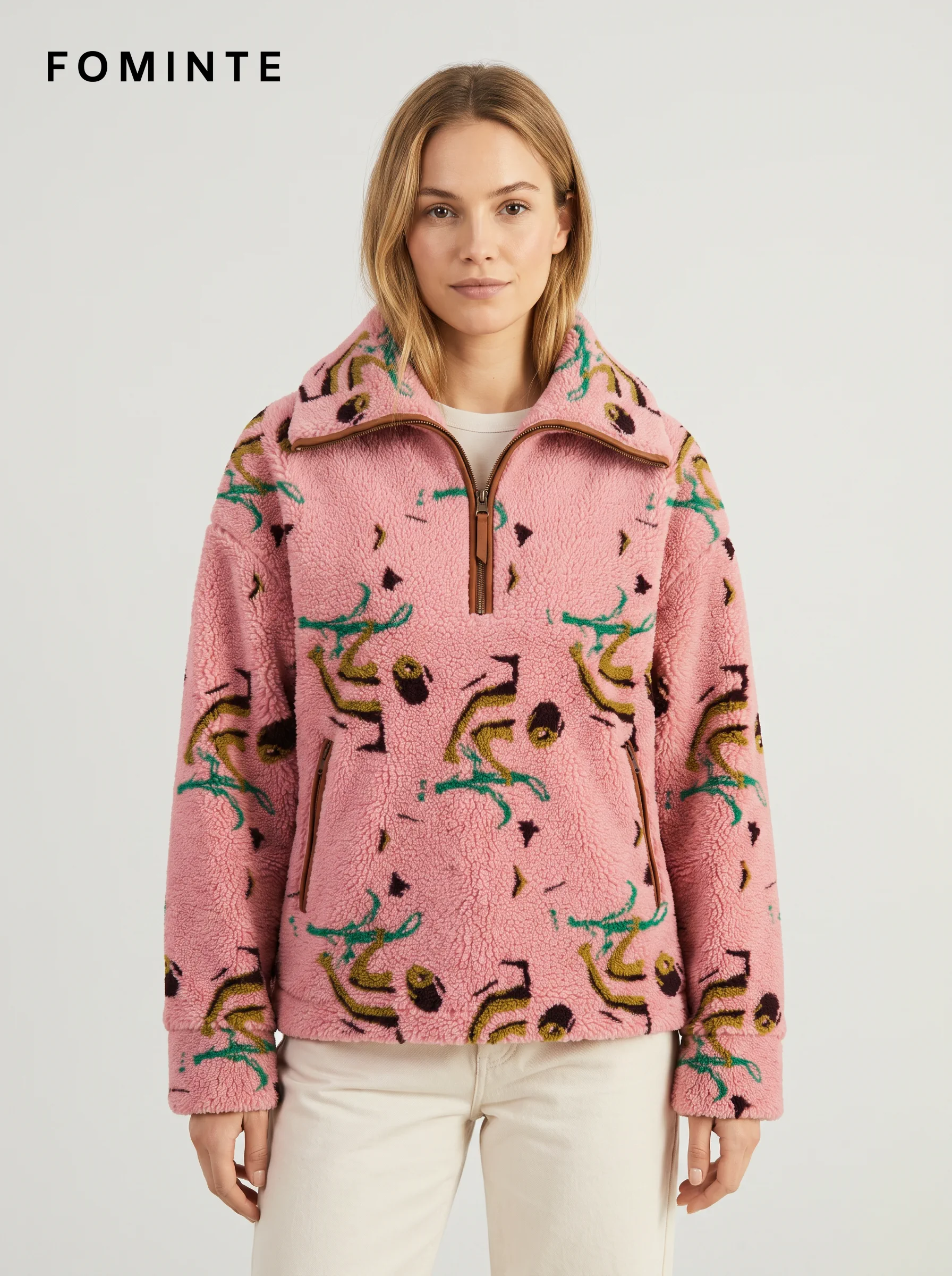 Pink Floral Print Hooded Fleece Jacket