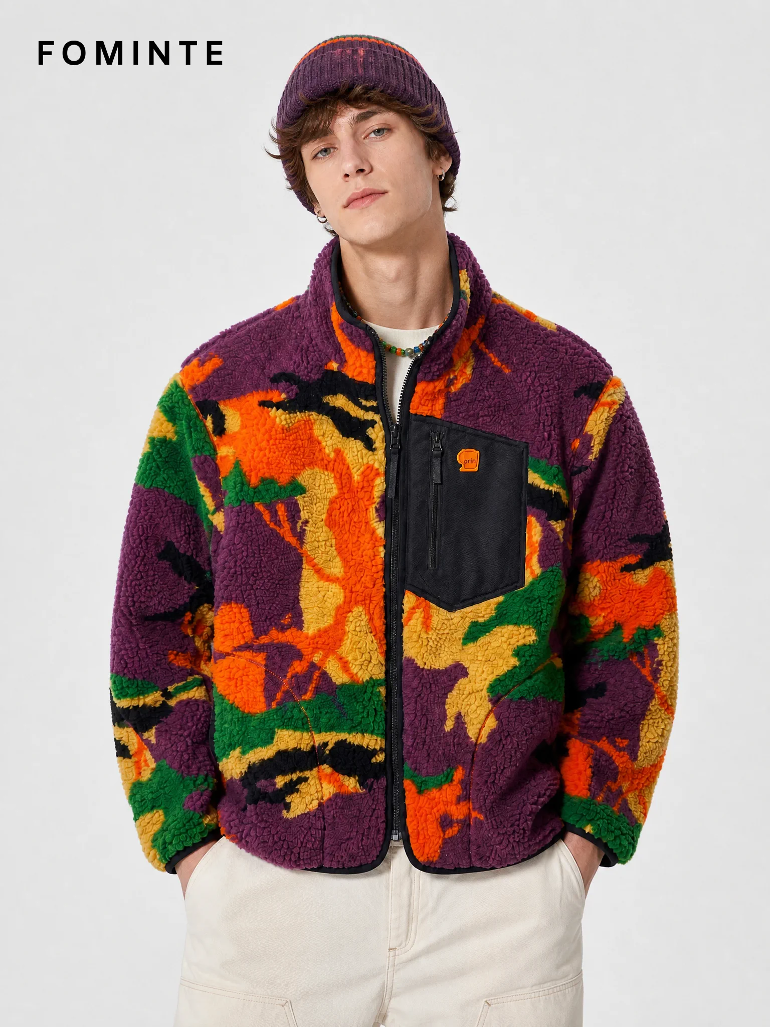 Purple and Orange Abstract Print Full-Zip Fleece Jacket