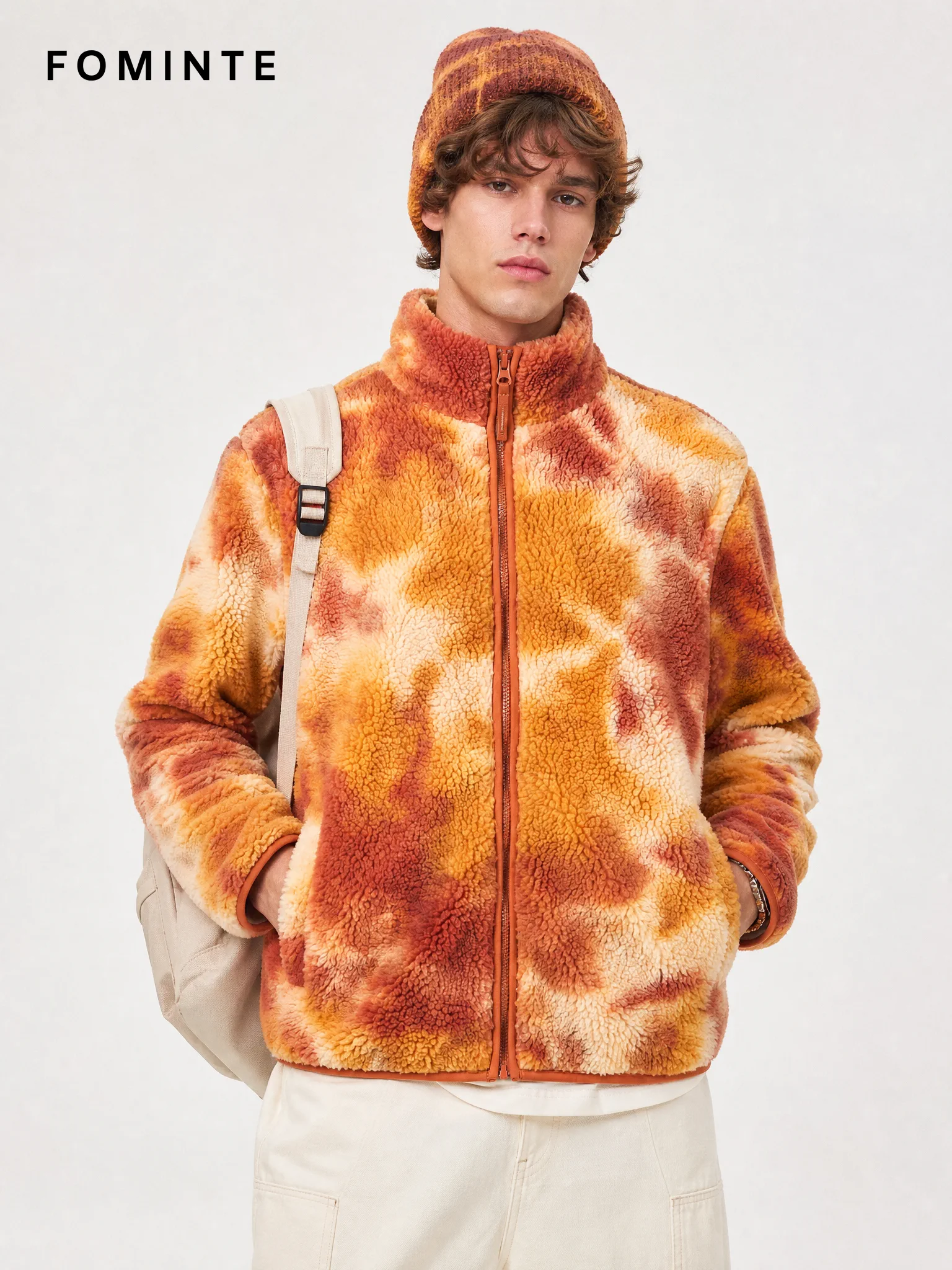 Rust Orange Abstract Print Full-Zip Fleece Jacket