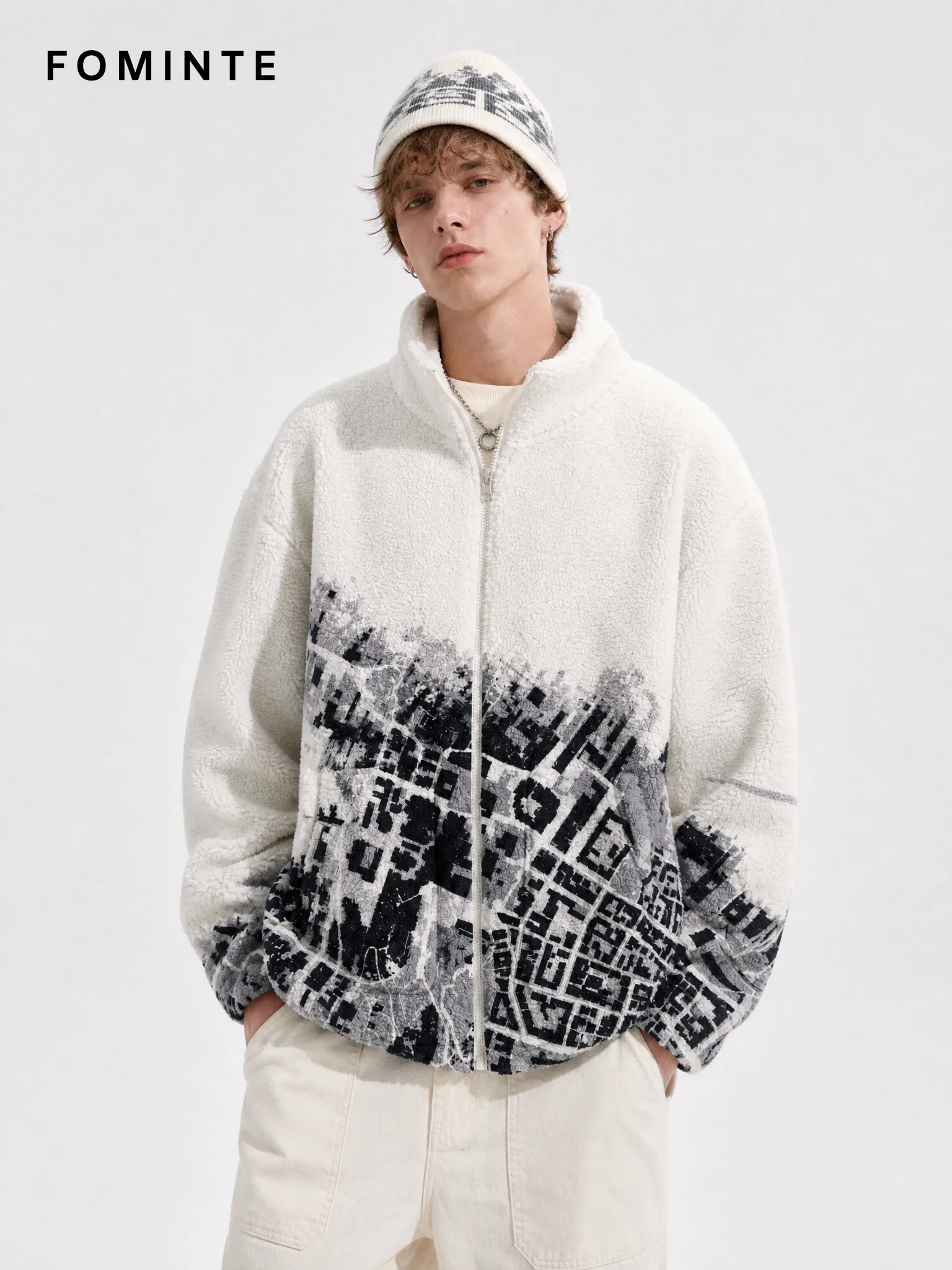 Black and Grey Abstract Print Full-Zip Fleece Jacket