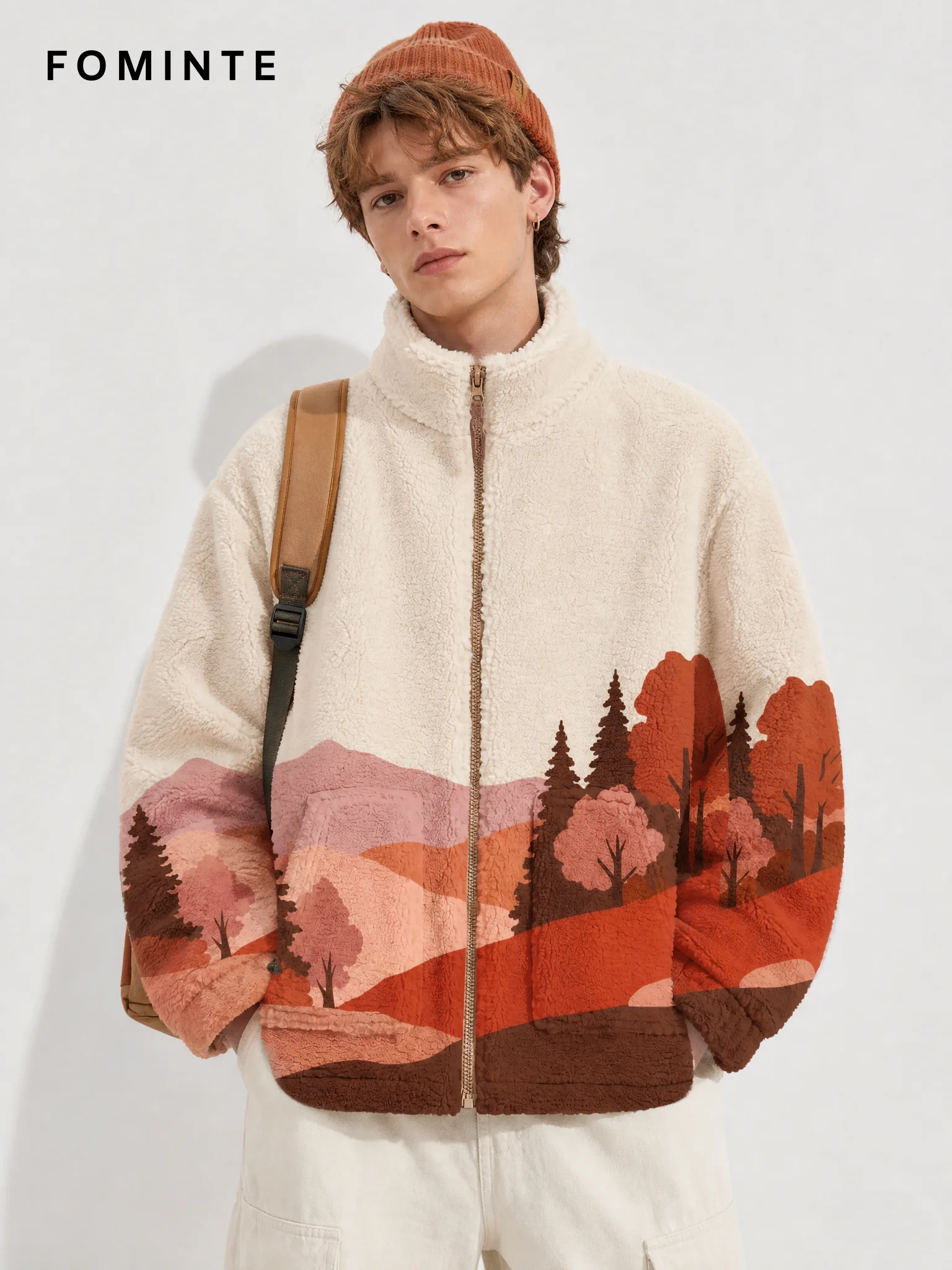 Ivory Mountain Landscape Full-Zip Fleece Jacket
