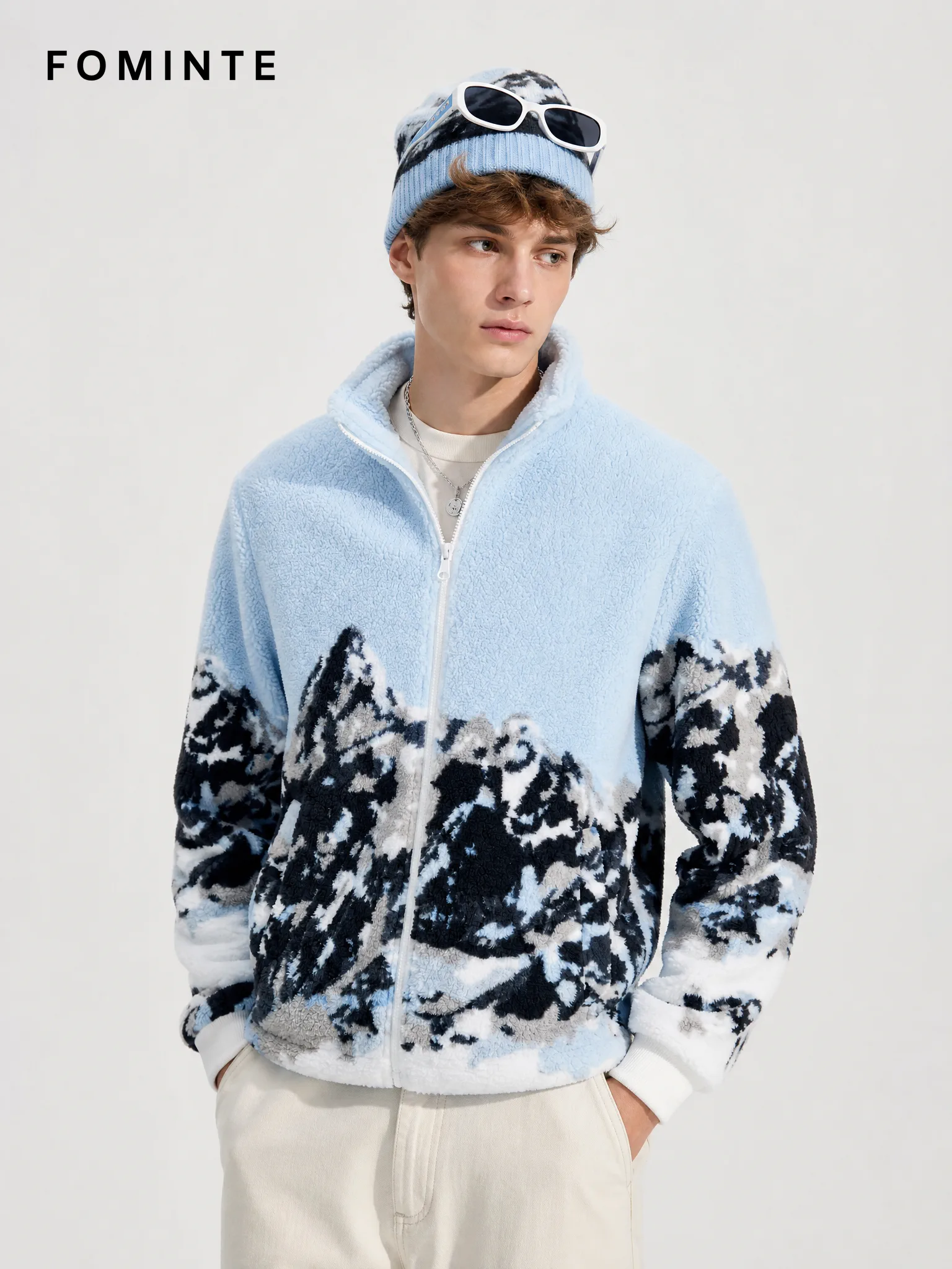 Sky Blue Mountain Print Full-Zip Fleece Jacket