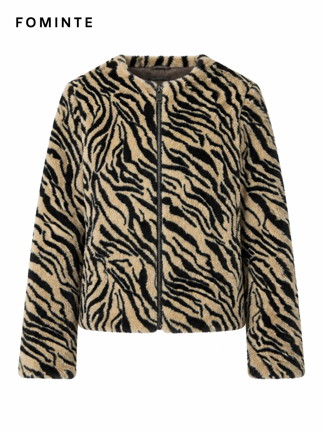 Taupe Zebra-Inspired Zip-Front Faux Fur Jacket