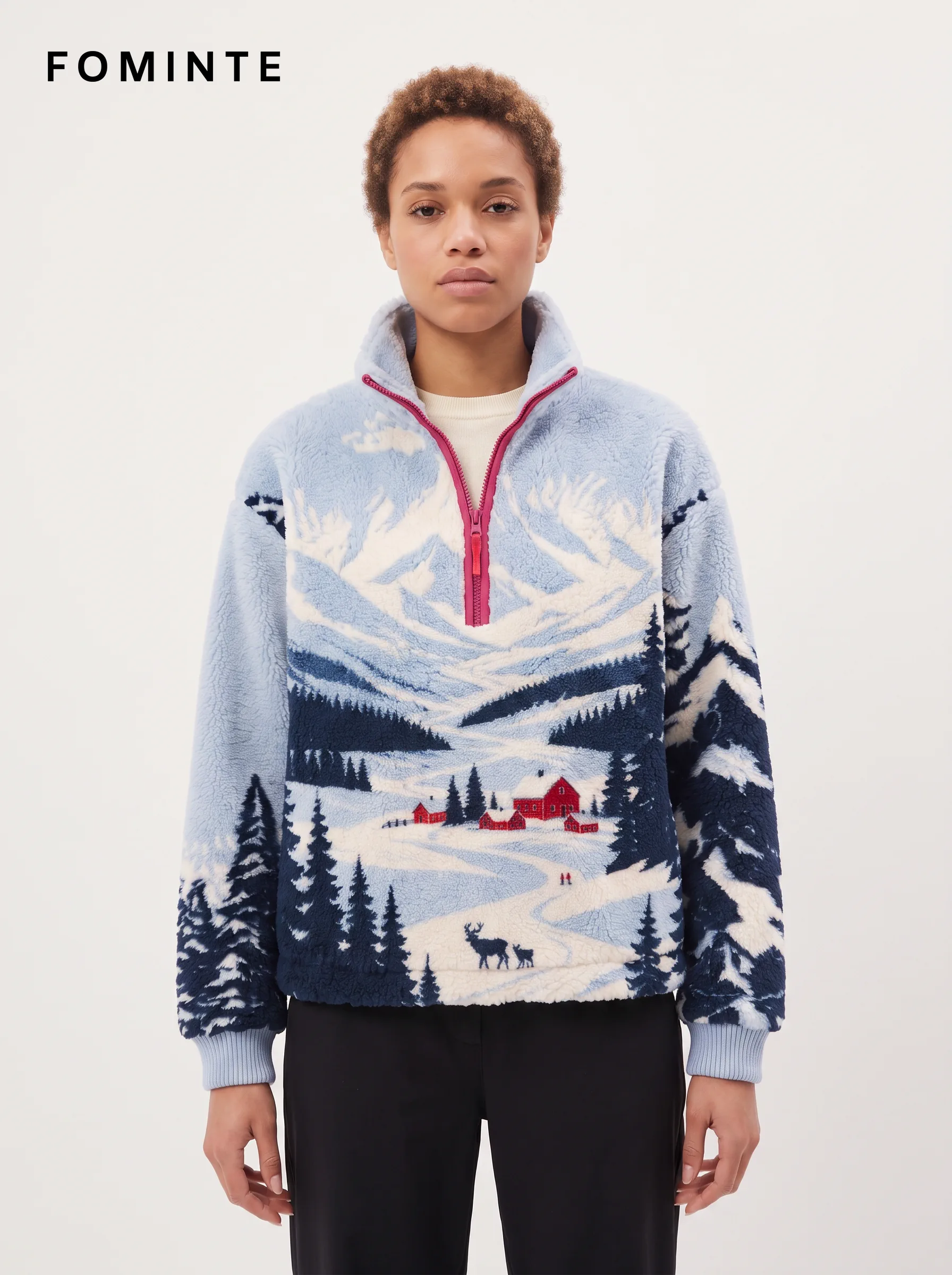 Snowy Mountain Landscape Quarter-Zip Fleece Jacket