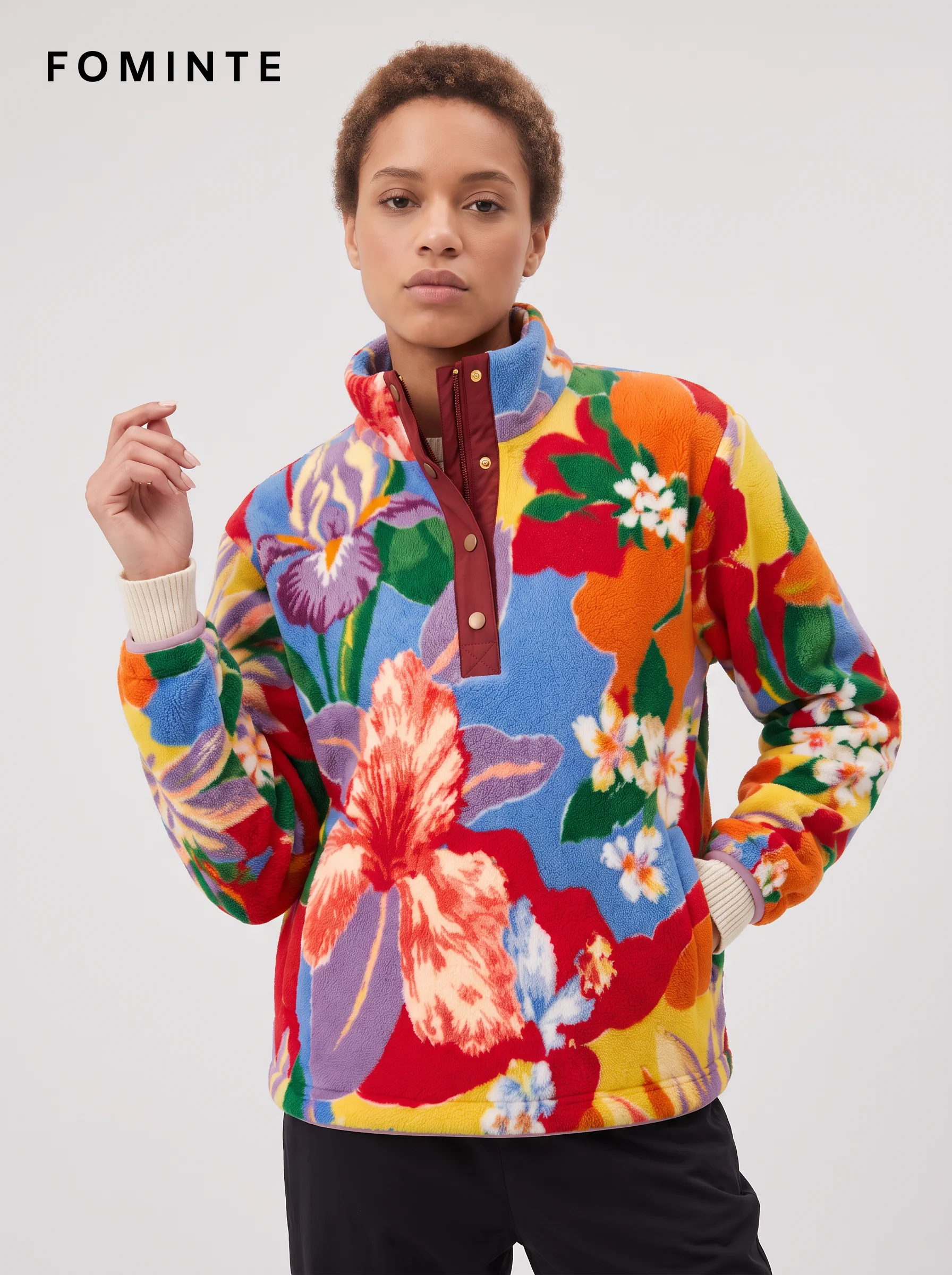 Bold Floral Print Half-Snap Stand-Collar Fleece Jacket