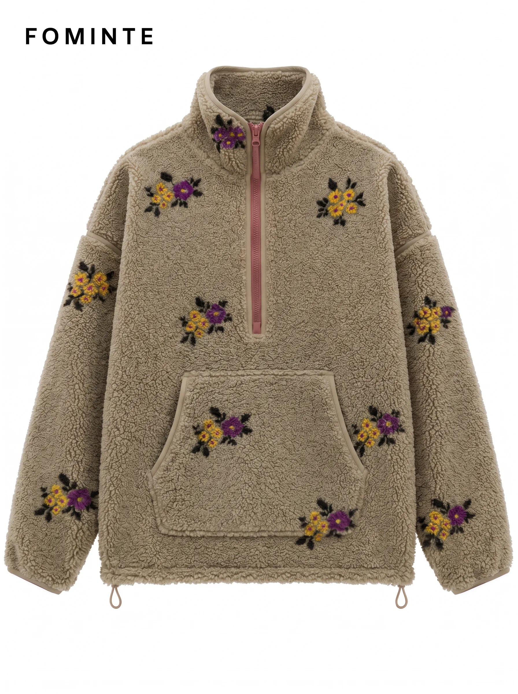 Light Khaki Floral-Embroidered Half-Zip Fleece